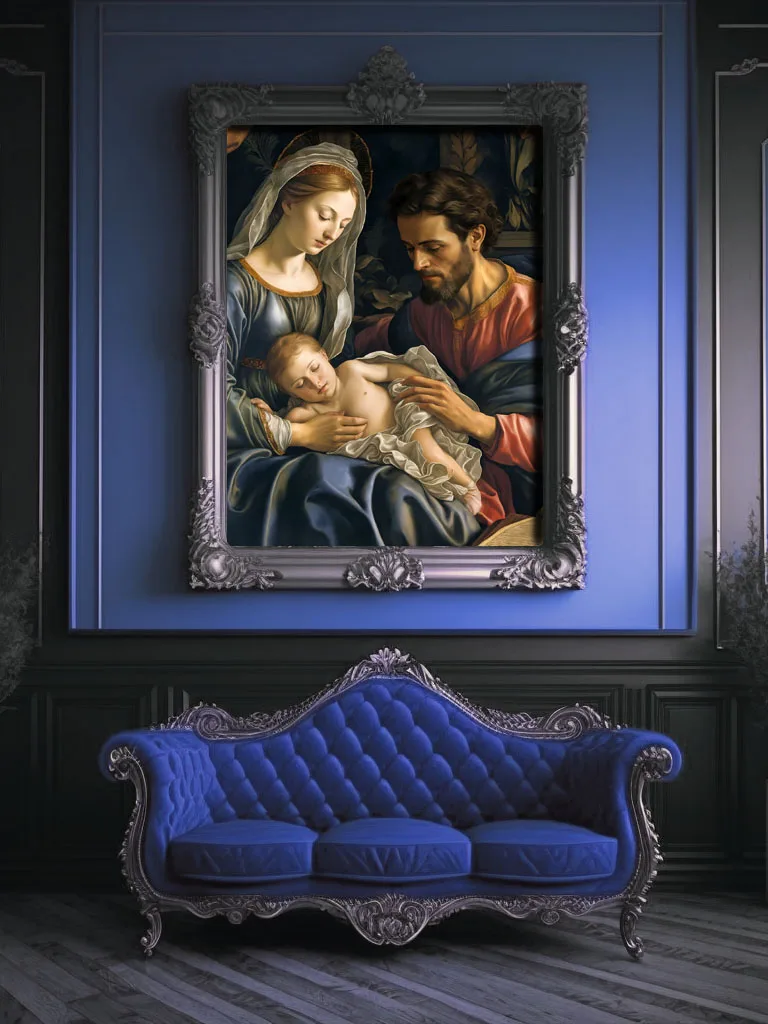 Mary in deep blue robes cradles the infant Jesus as Joseph reaches tenderly toward him, set in a warm Renaissance interior with golden halos, and rich fabrics.