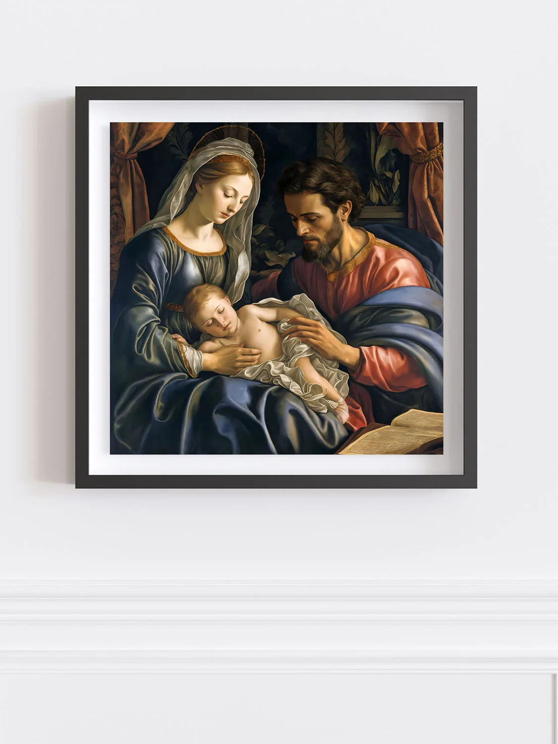 Mary in deep blue robes cradles the infant Jesus as Joseph reaches tenderly toward him, set in a warm Renaissance interior with golden halos, and rich fabrics.