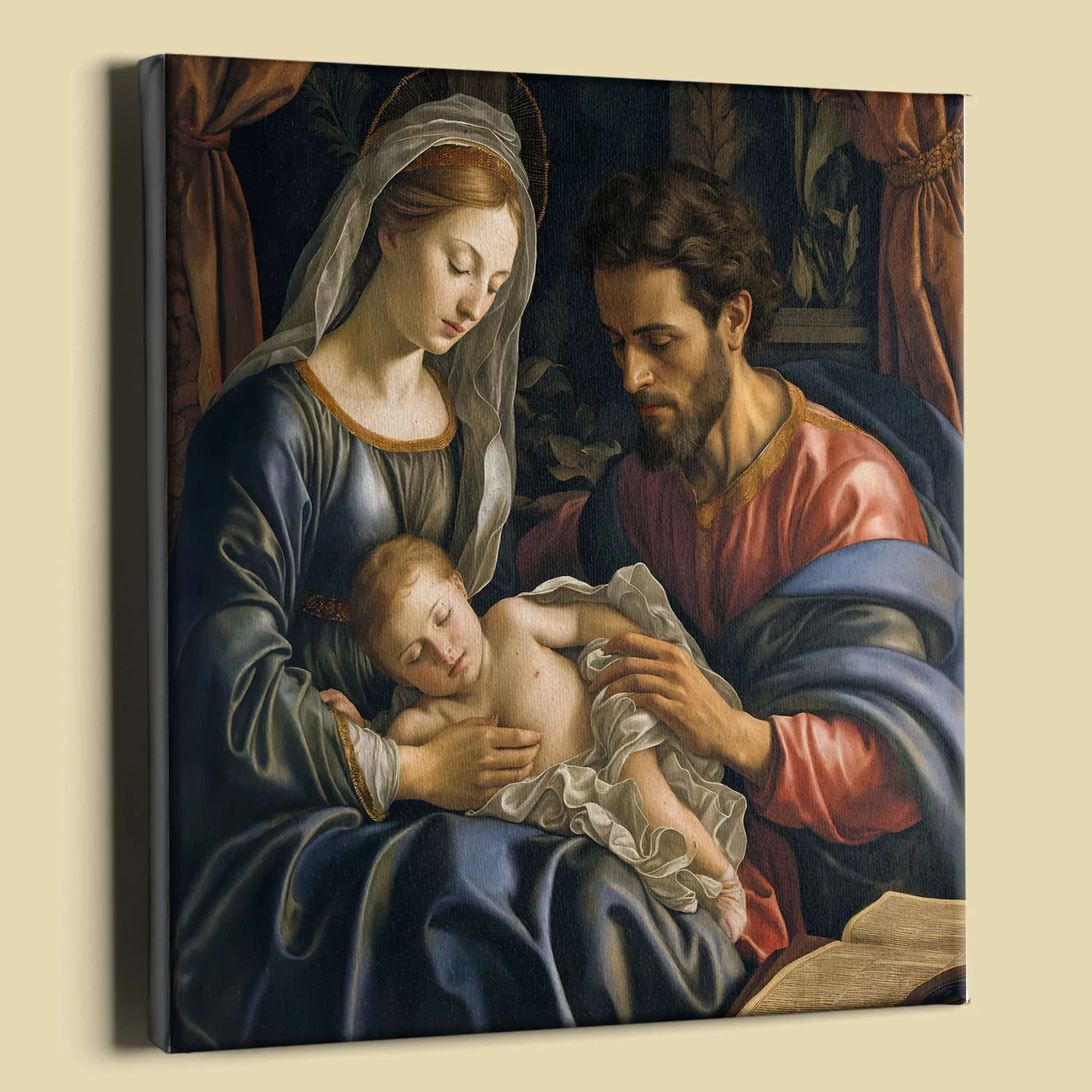Mary in deep blue robes cradles the infant Jesus as Joseph reaches tenderly toward him, set in a warm Renaissance interior with golden halos, and rich fabrics.