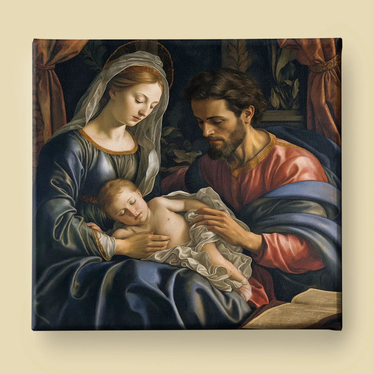 Mary in deep blue robes cradles the infant Jesus as Joseph reaches tenderly toward him, set in a warm Renaissance interior with golden halos, and rich fabrics.