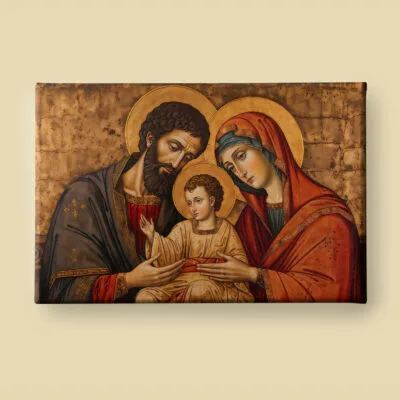 Byzantine-style Holy Family icon with gold halos, frontal figures, and intricate robes against a flat gold background, symbolizing divine reverence.