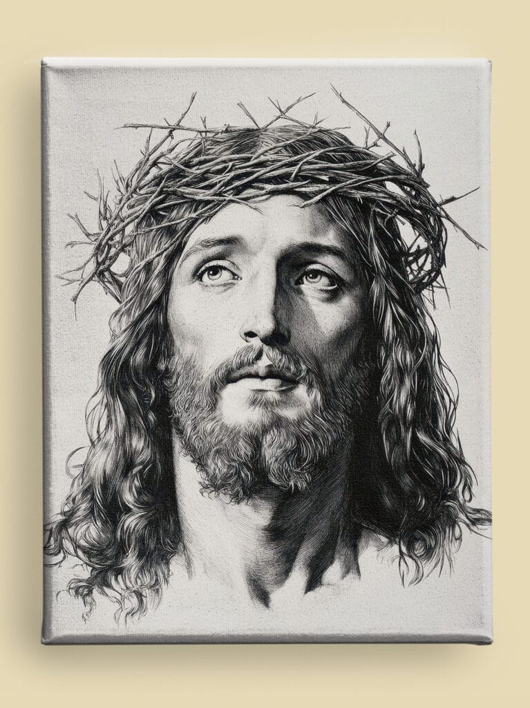 Canvas of Charcoal Jesus portrait with crown of thorns, stark contrasts, and upward gaze, set against a minimalist background (front view)