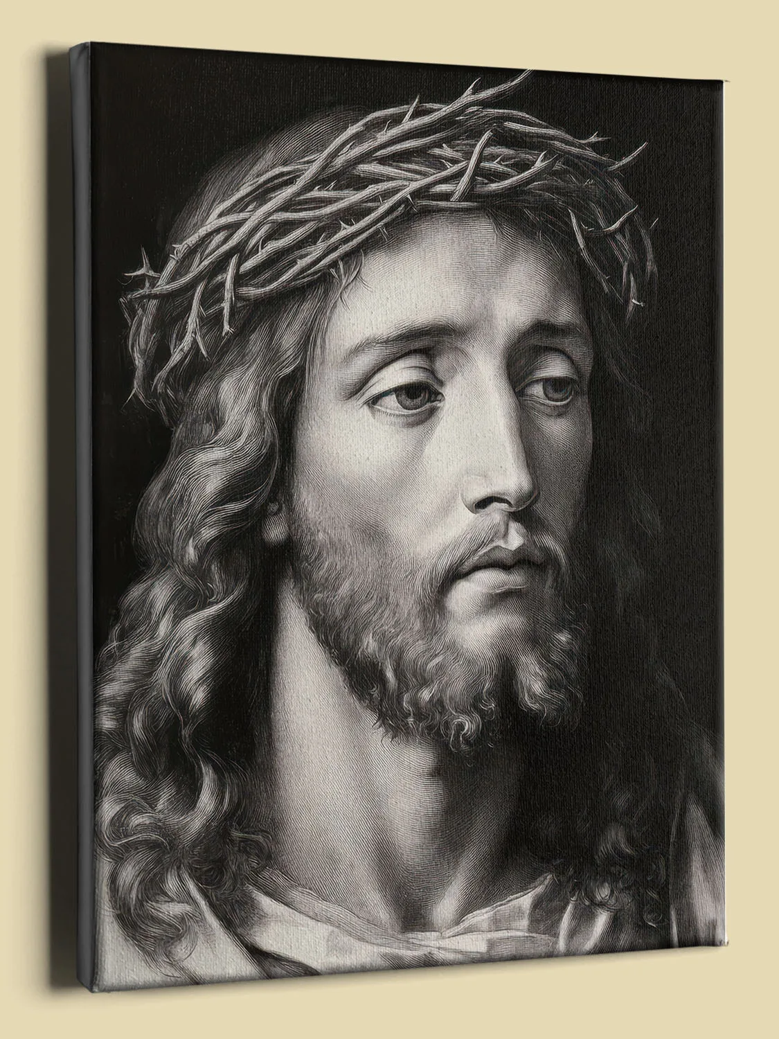 Charcoal Jesus portrait with crown of thorns canvas, detailed beard, and dramatic lighting against a dark background (perspective view)