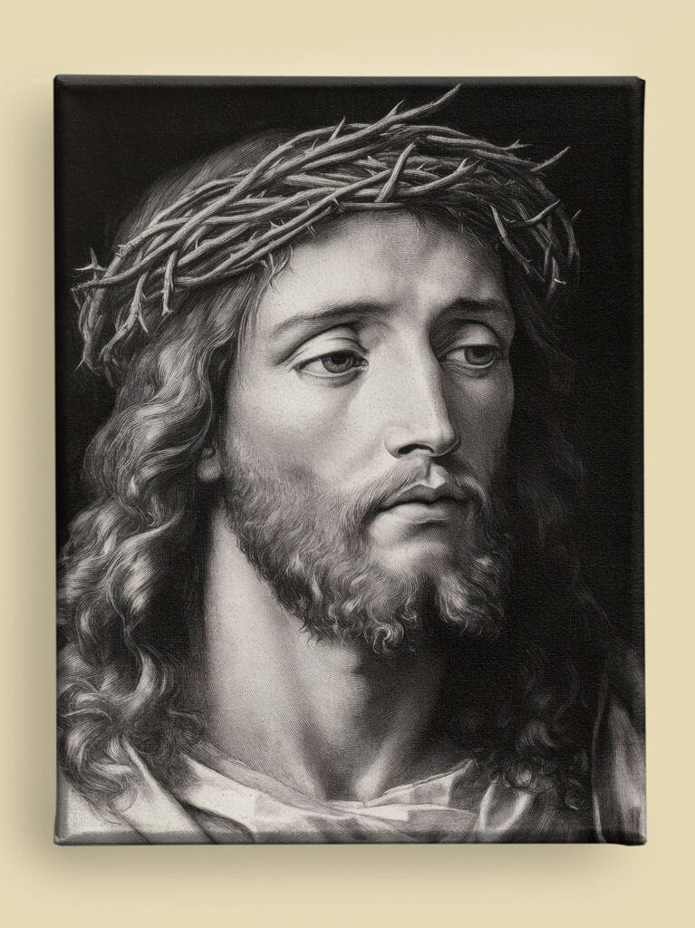 Charcoal Jesus portrait with crown of thorns canvas, detailed beard, and dramatic lighting against a dark background (front view)