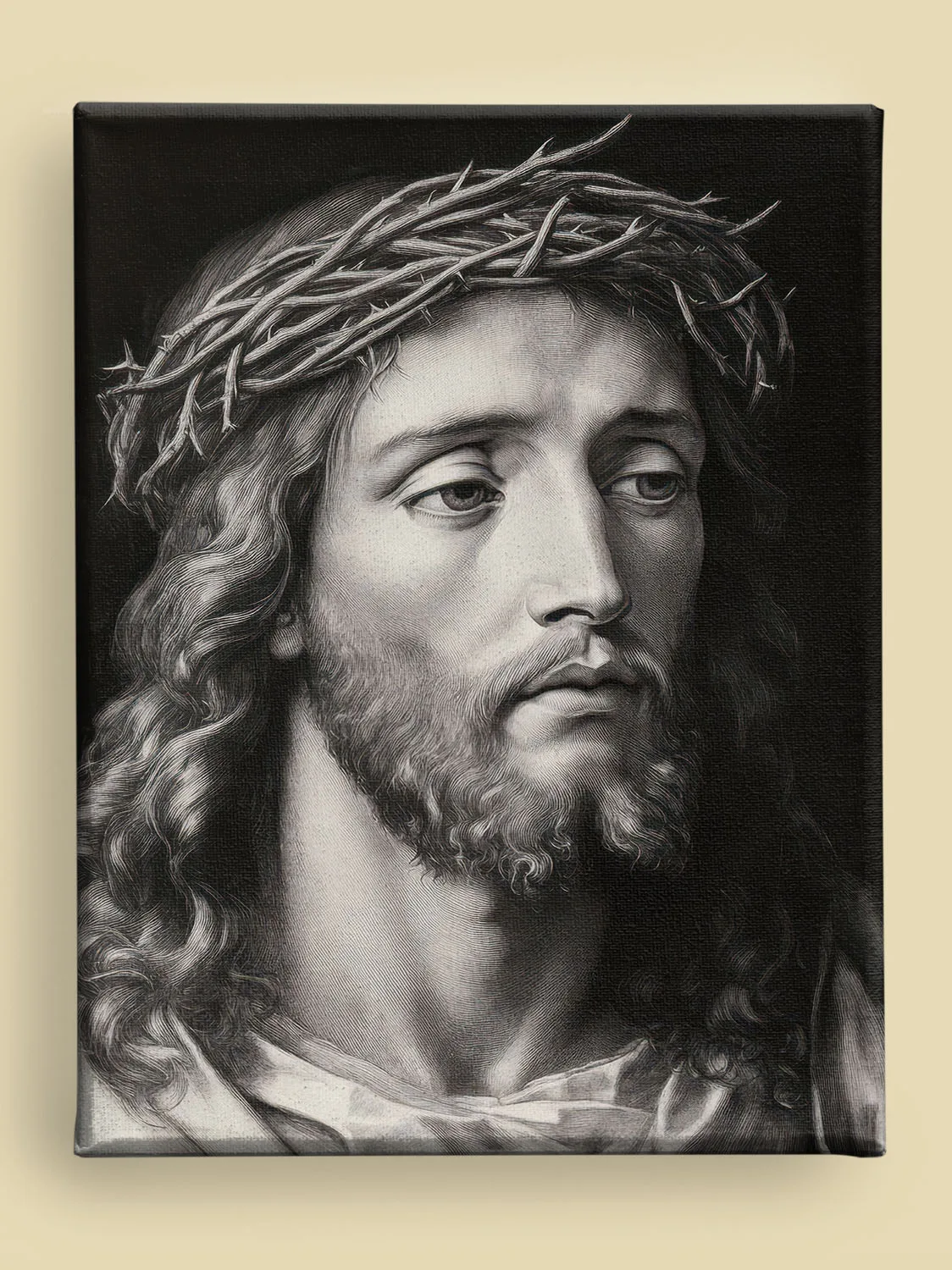 Charcoal Jesus portrait with crown of thorns canvas, detailed beard, and dramatic lighting against a dark background (front view)