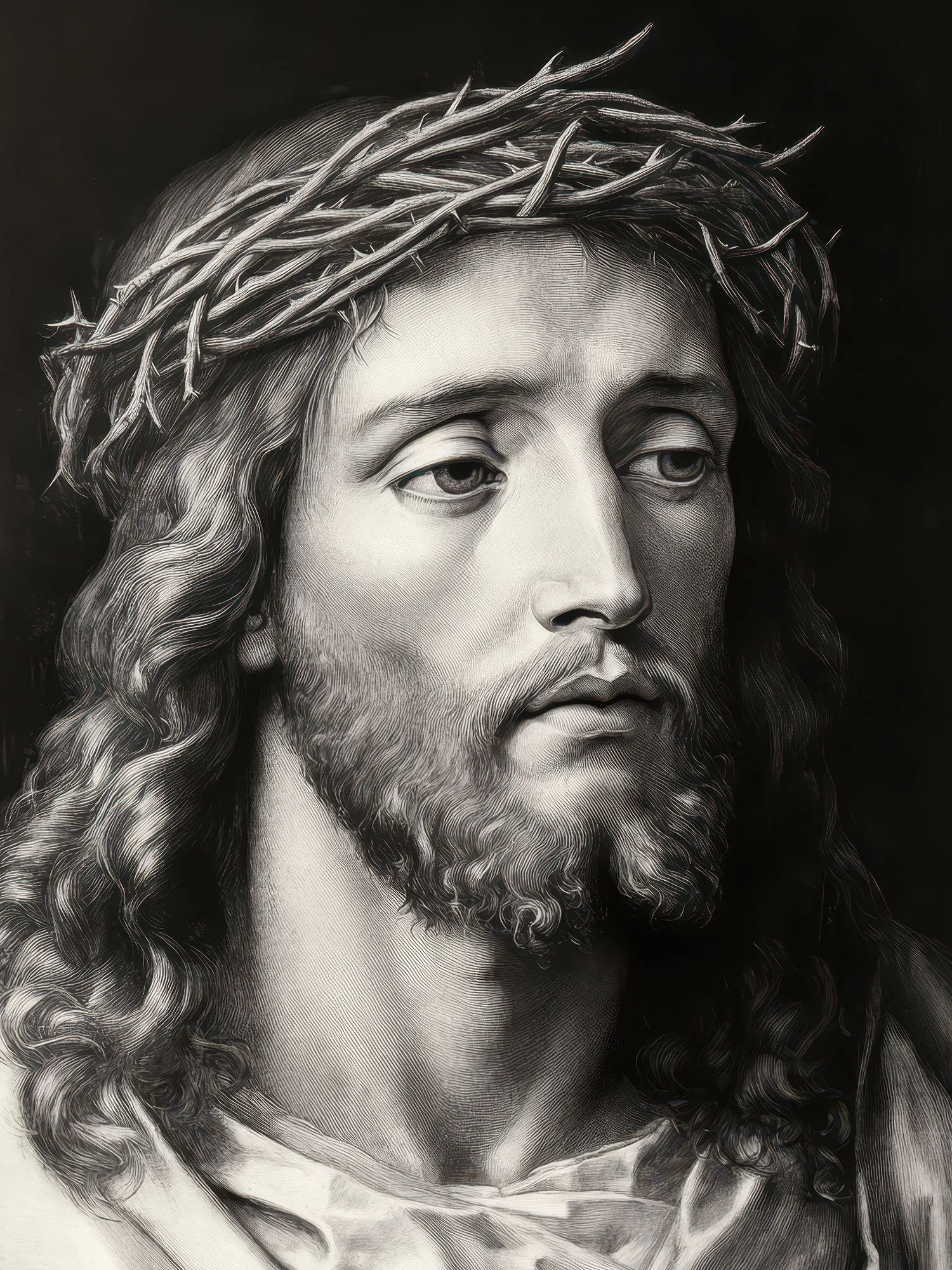 Charcoal Jesus portrait with crown of thorns, detailed beard, and dramatic lighting against a dark background.