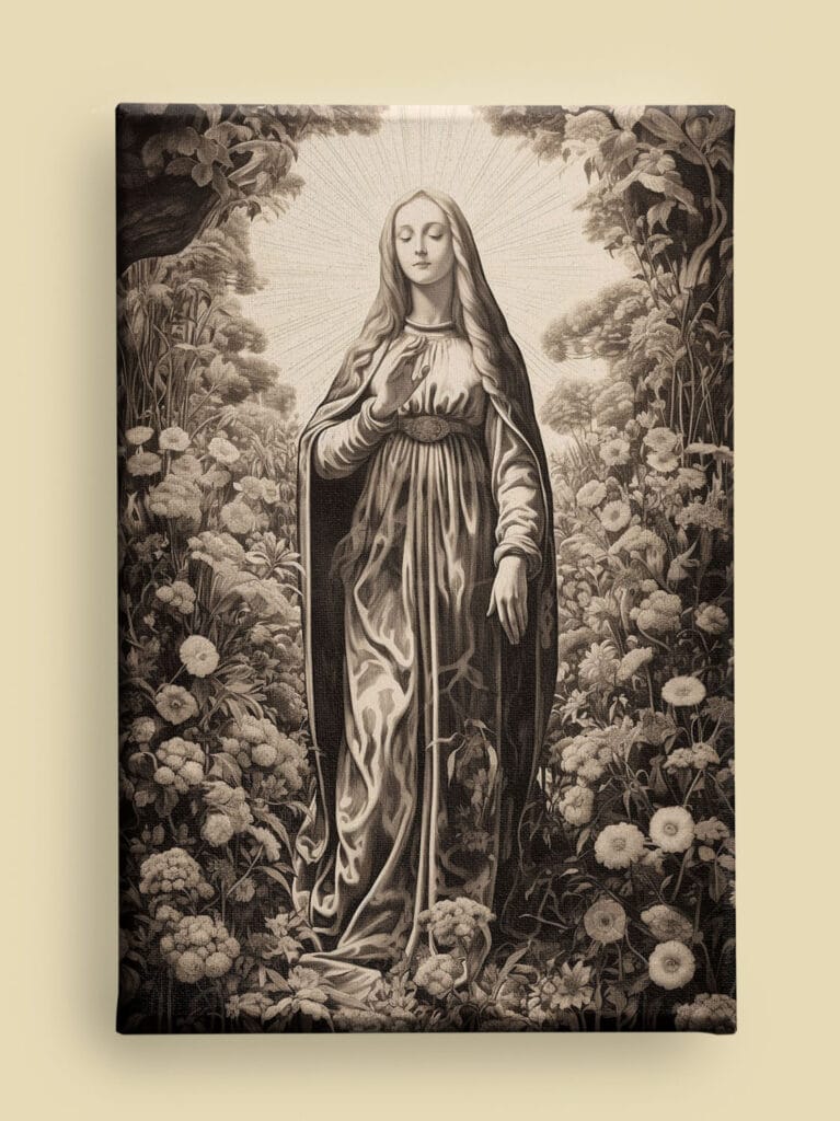 Art Nouveau Virgin Mary canvas : sepia-toned, floral surroundings, radiant halo, and flowing lines (front view)