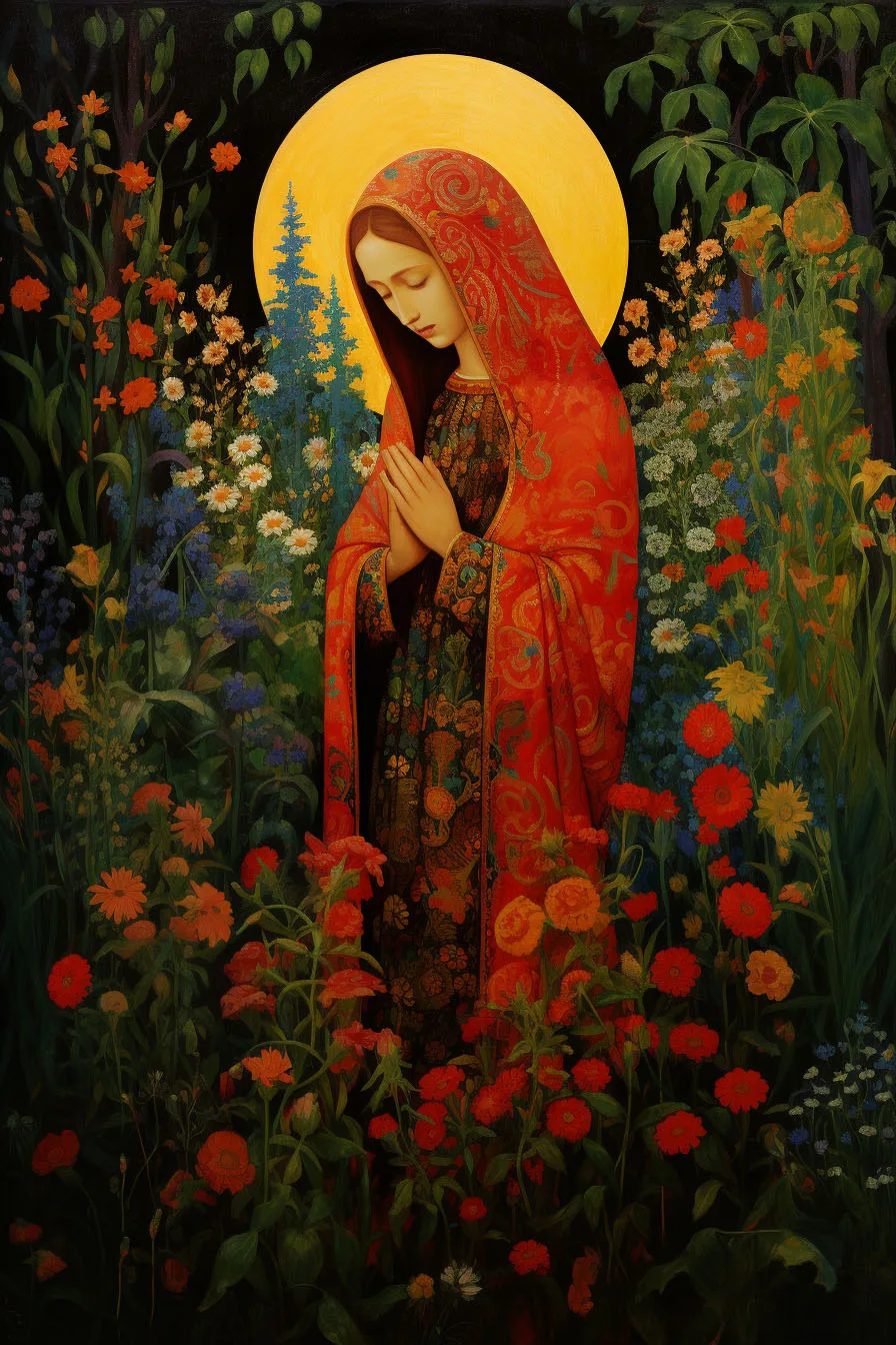 Russian-inspired Virgin Mary: red and gold robes, golden halo, floral background, and intricate patterns.