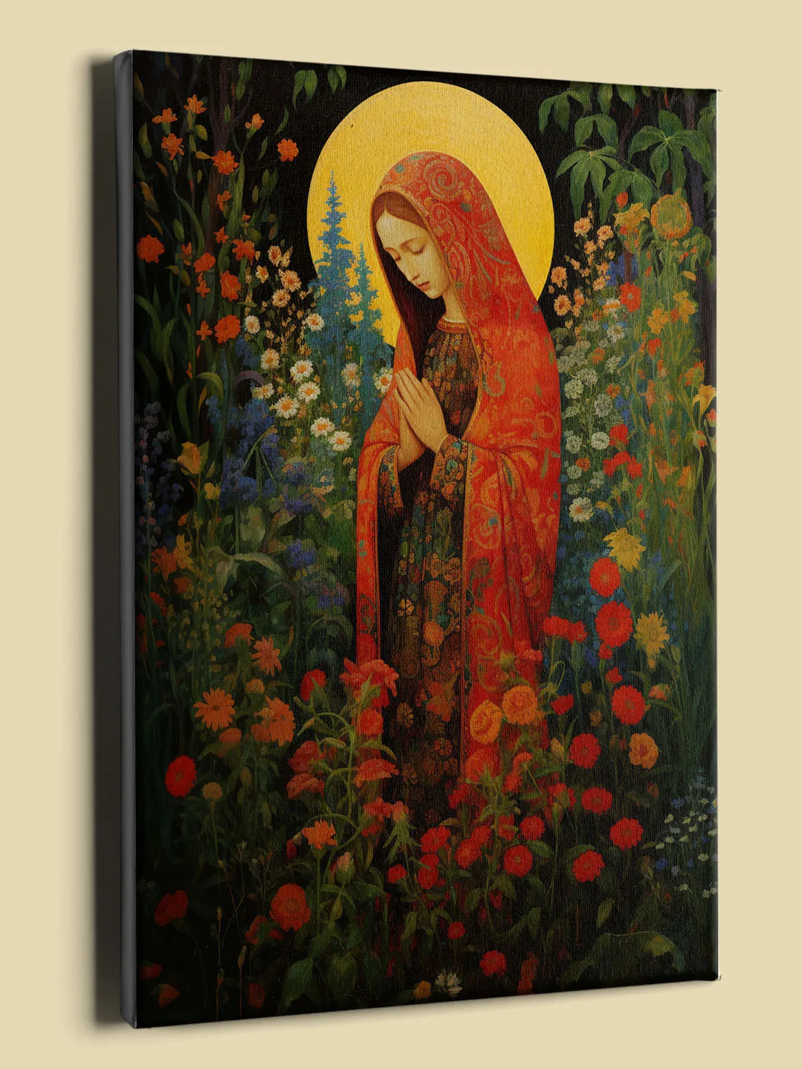 Russian-inspired Virgin Mary canvas : red and gold robes, golden halo, floral background, and intricate patterns (perspective view)