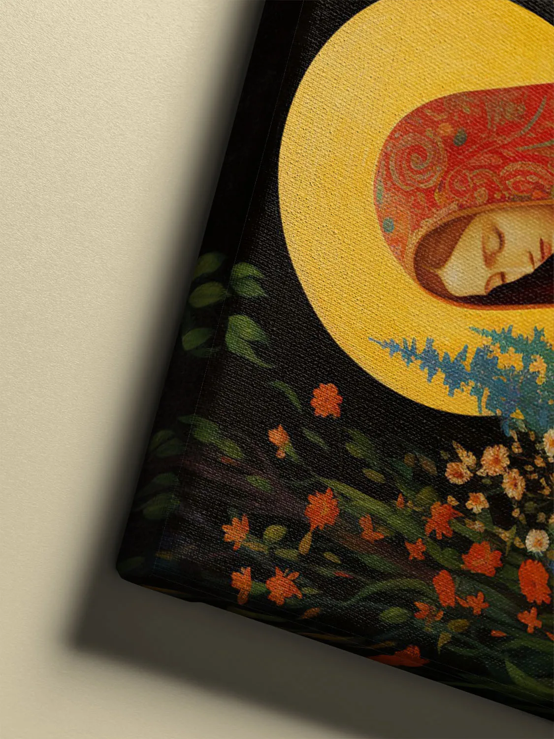 Russian-inspired Virgin Mary canvas : red and gold robes, golden halo, floral background, and intricate patterns (canvas details)