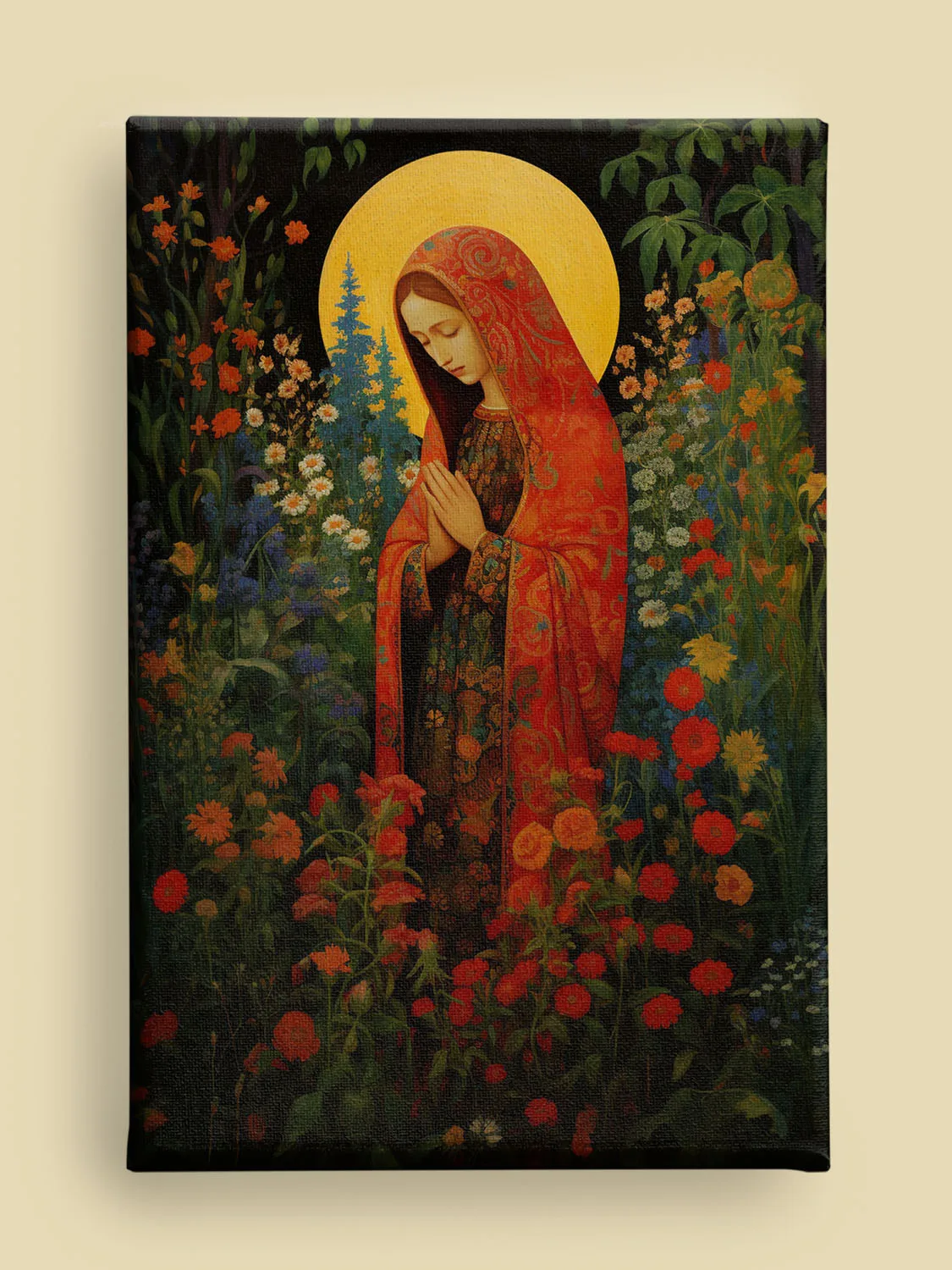 Russian-inspired Virgin Mary canvas : red and gold robes, golden halo, floral background, and intricate patterns (front view)