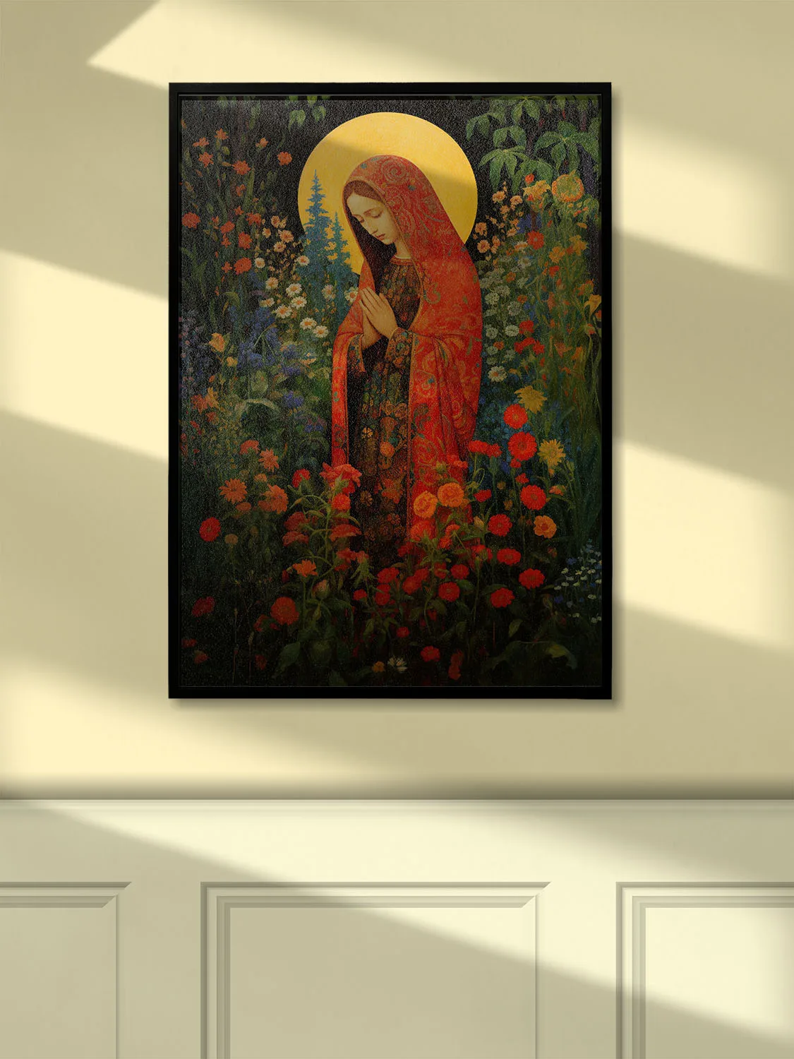 Russian-inspired Virgin Mary canvas : red and gold robes, golden halo, floral background, and intricate patterns (hung on the wall)