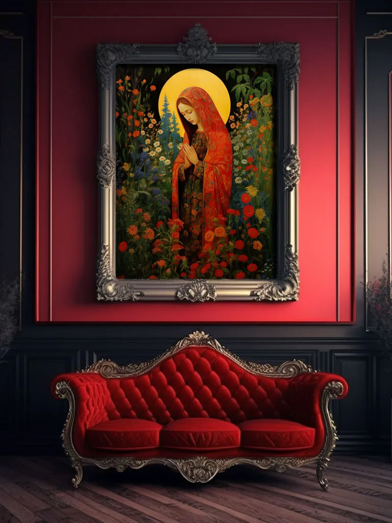 Russian-inspired Virgin Mary canvas : red and gold robes, golden halo, floral background, and intricate patterns (in victorian decor)