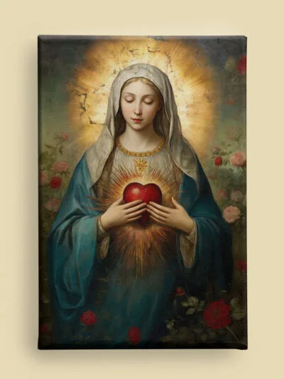 Baroque Immaculate Heart of Mary canvas: radiant heart, dramatic lighting, roses, and flowing garments (front view)