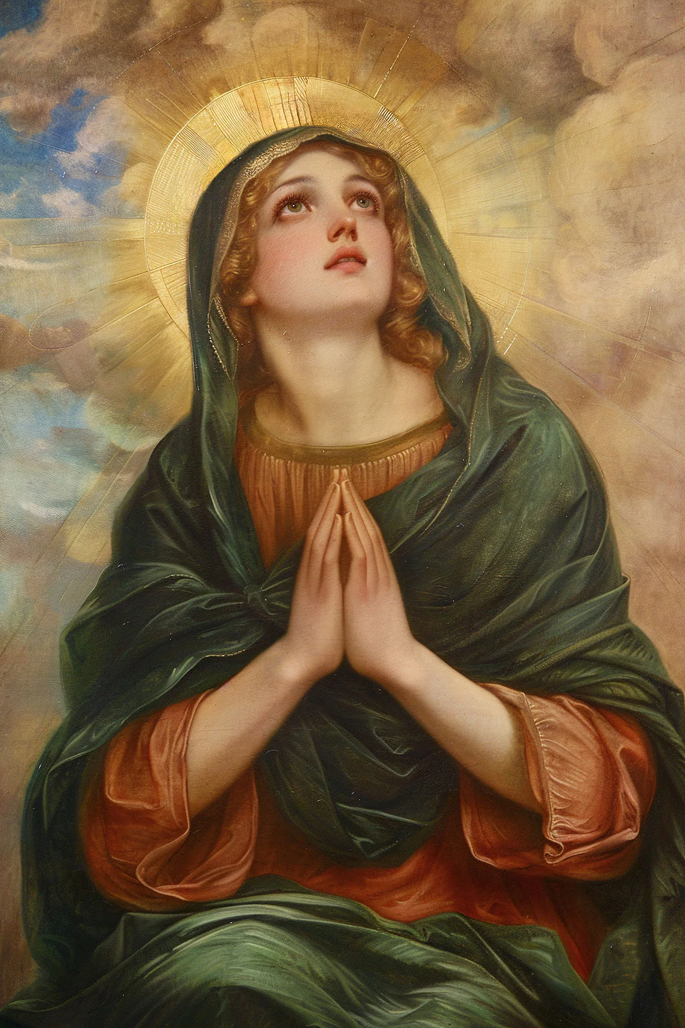 Pre-Raphaelite Virgin Mary praying: youthful figure in green-red robes, golden halo, and luminous clouds, rendered with intricate detail and emotional depth.
