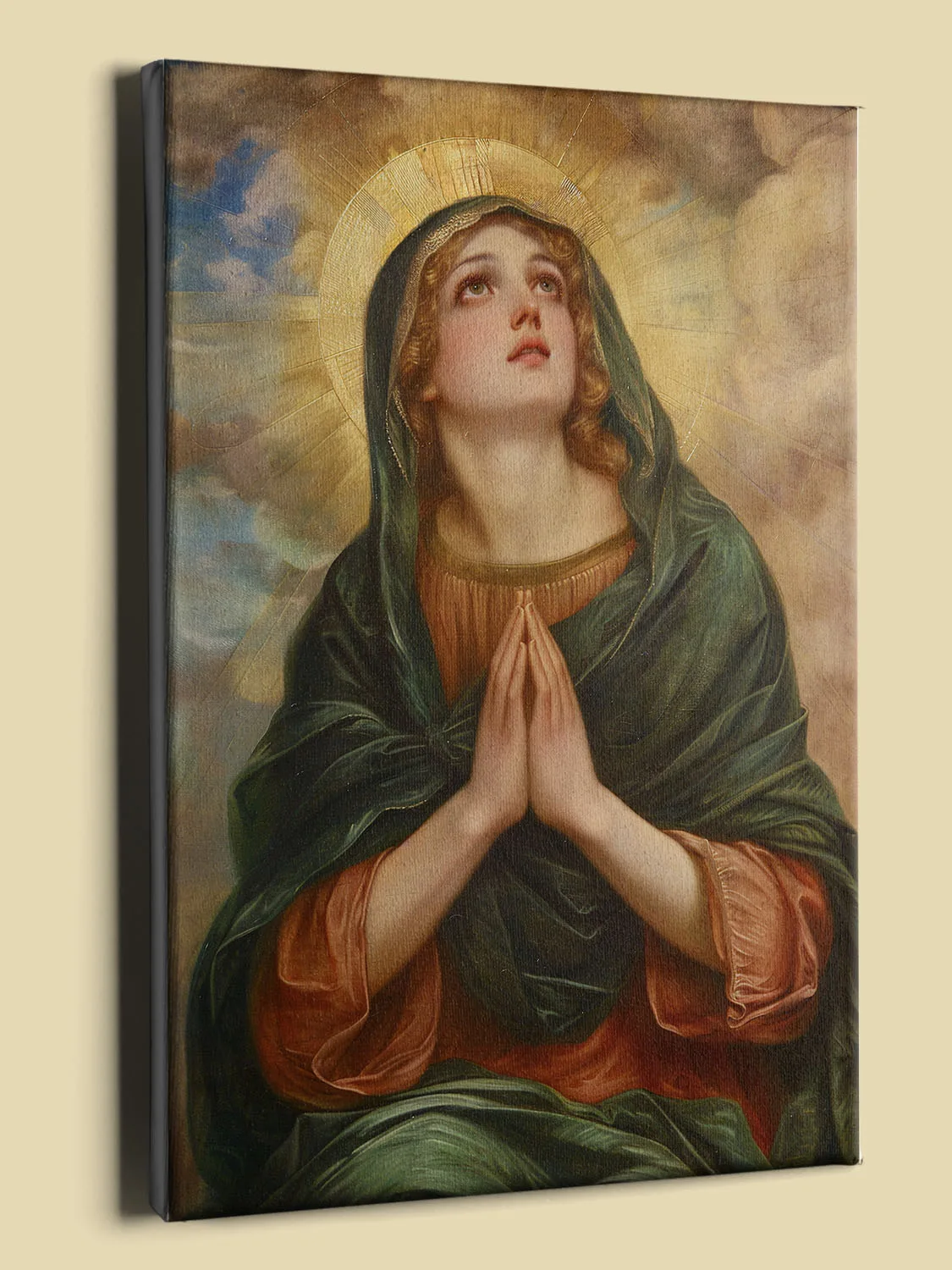 Pre-Raphaelite Virgin Mary praying: youthful figure in green-red robes, golden halo, and luminous clouds, rendered with intricate detail and emotional depth.
