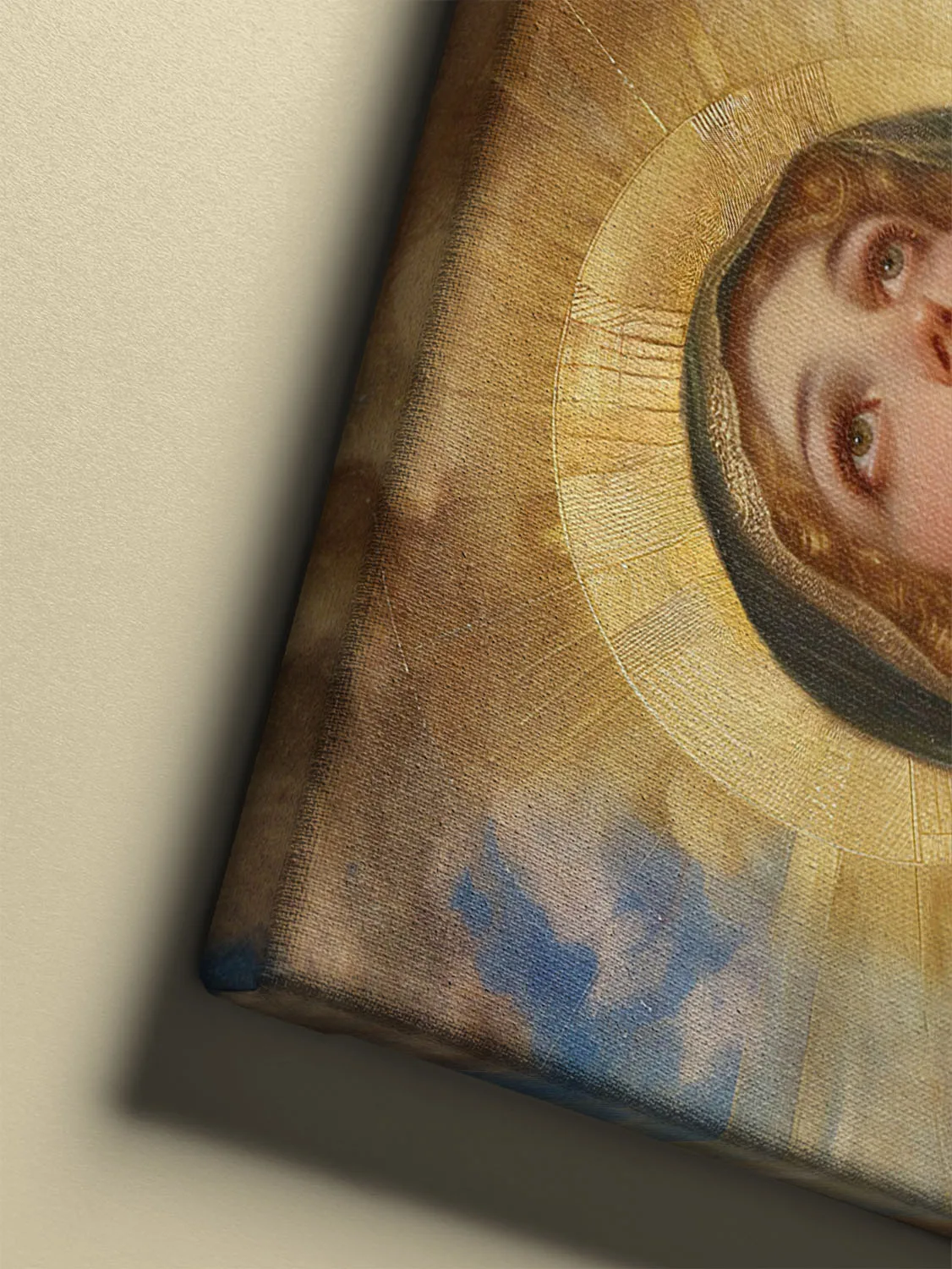 Pre-Raphaelite Virgin Mary praying: youthful figure in green-red robes, golden halo, and luminous clouds, rendered with intricate detail and emotional depth.