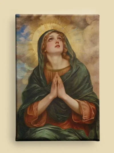Pre-Raphaelite Virgin Mary praying: youthful figure in green-red robes, golden halo, and luminous clouds, rendered with intricate detail and emotional depth.