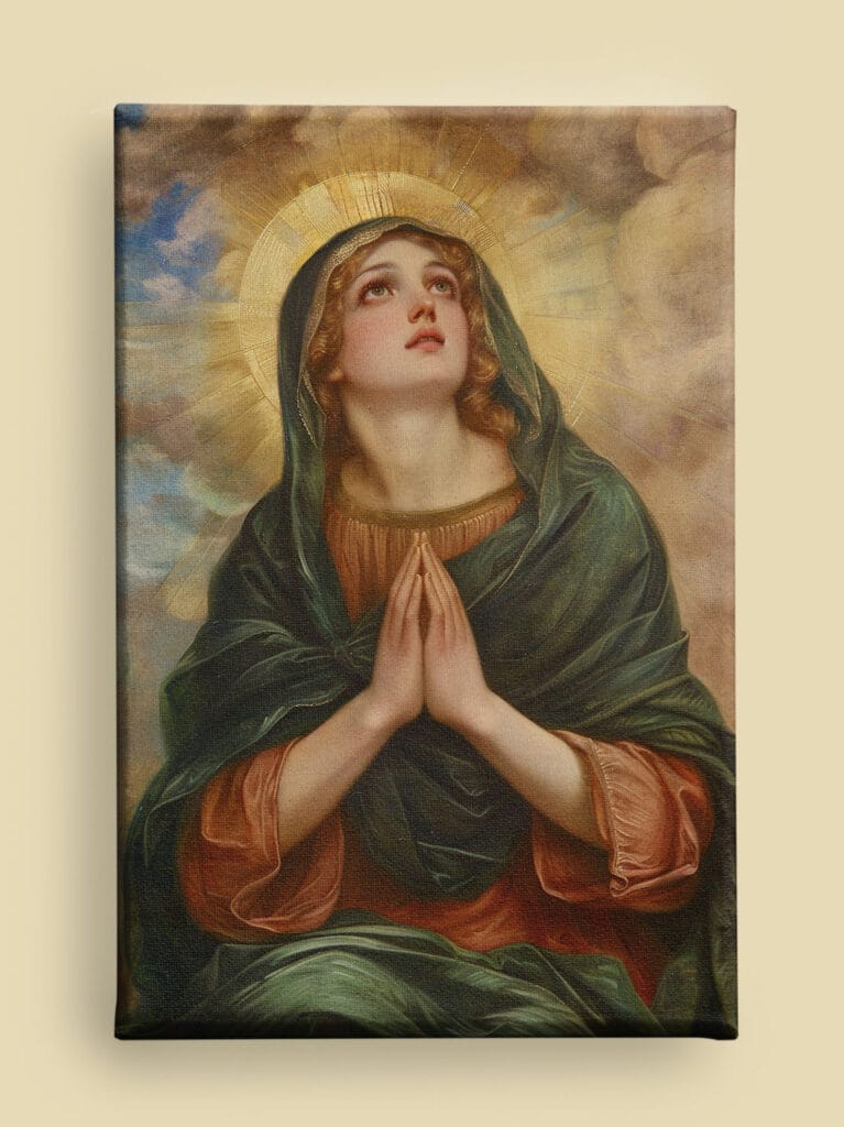 Pre-Raphaelite Virgin Mary praying: youthful figure in green-red robes, golden halo, and luminous clouds, rendered with intricate detail and emotional depth.