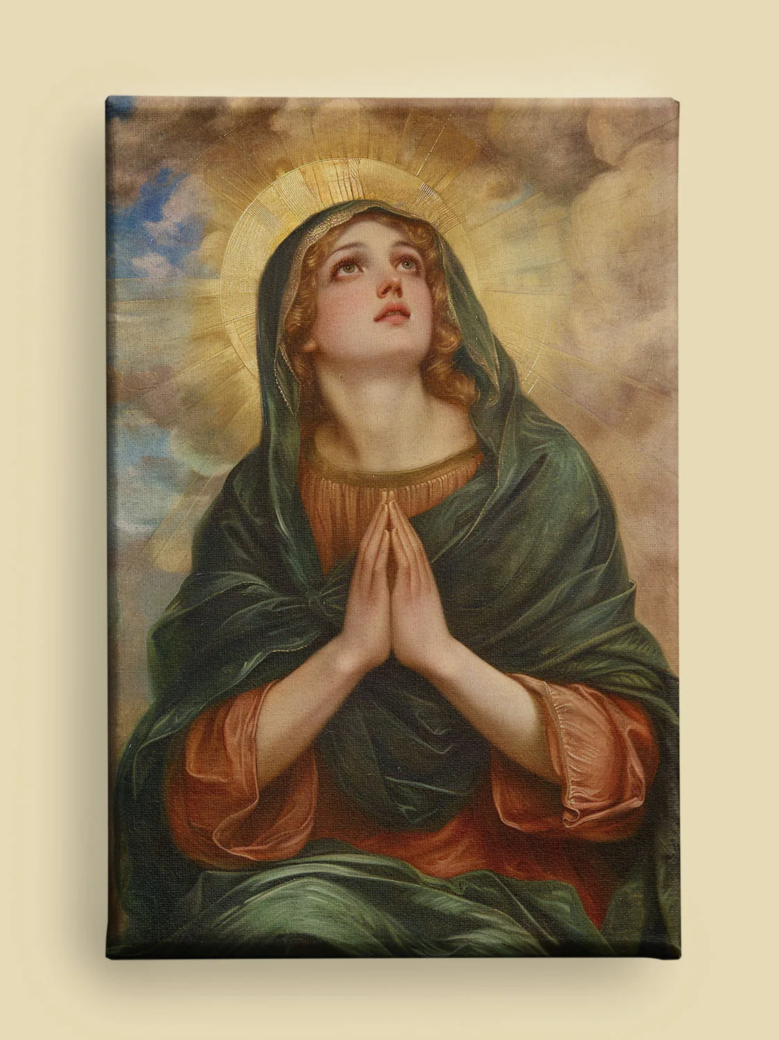 Pre-Raphaelite Virgin Mary praying: youthful figure in green-red robes, golden halo, and luminous clouds, rendered with intricate detail and emotional depth.