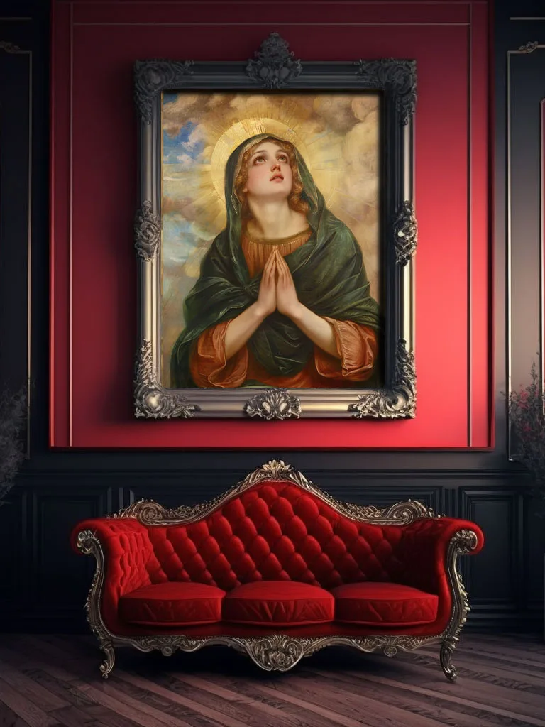 Pre-Raphaelite Virgin Mary praying: youthful figure in green-red robes, golden halo, and luminous clouds, rendered with intricate detail and emotional depth.