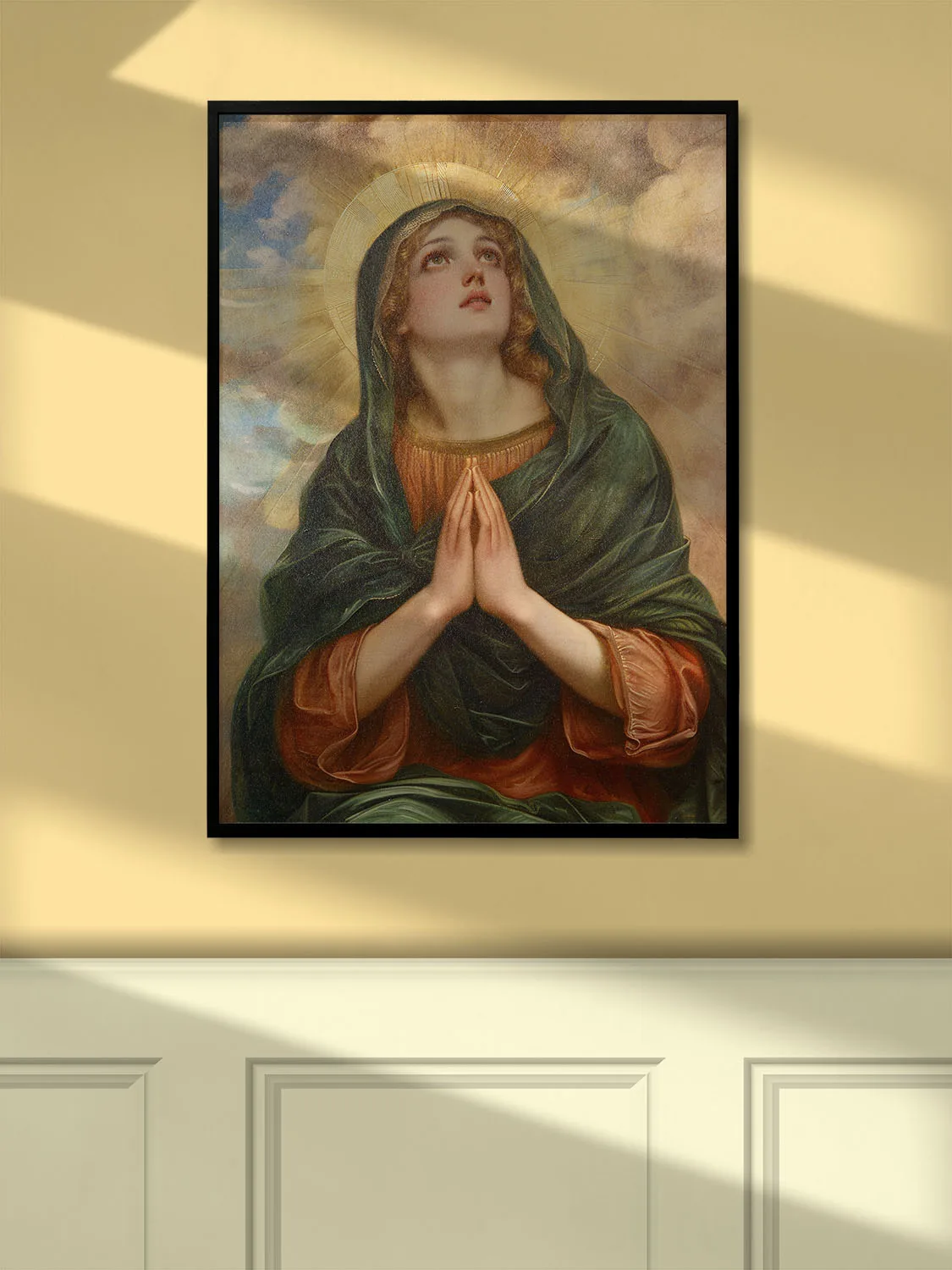 Pre-Raphaelite Virgin Mary praying: youthful figure in green-red robes, golden halo, and luminous clouds, rendered with intricate detail and emotional depth.