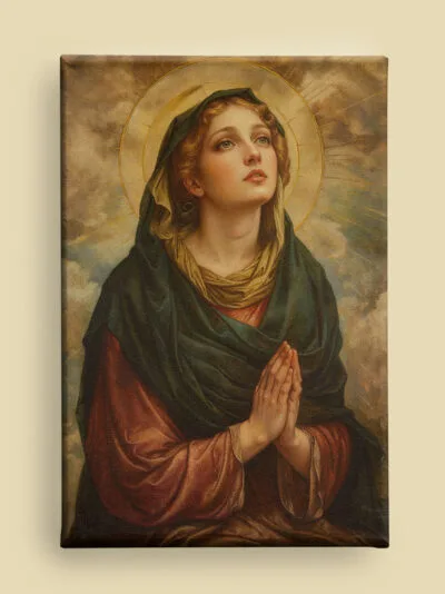 Pre-Raphaelite Virgin Mary in prayer: golden halo, verdant green and wine-red robes, ethereal cloudscape, with lifelike detail and luminous emotion.