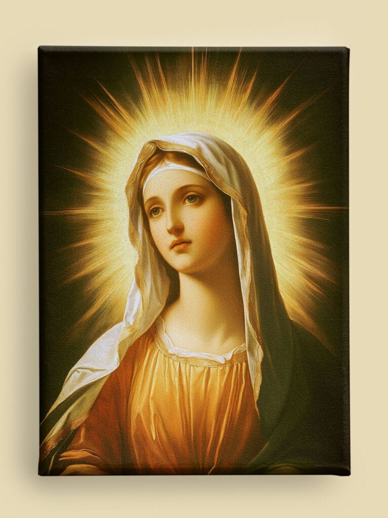 Italian Renaissance Marian: golden halo, flowing ivory robes, and serene expression against a dark background (front view).