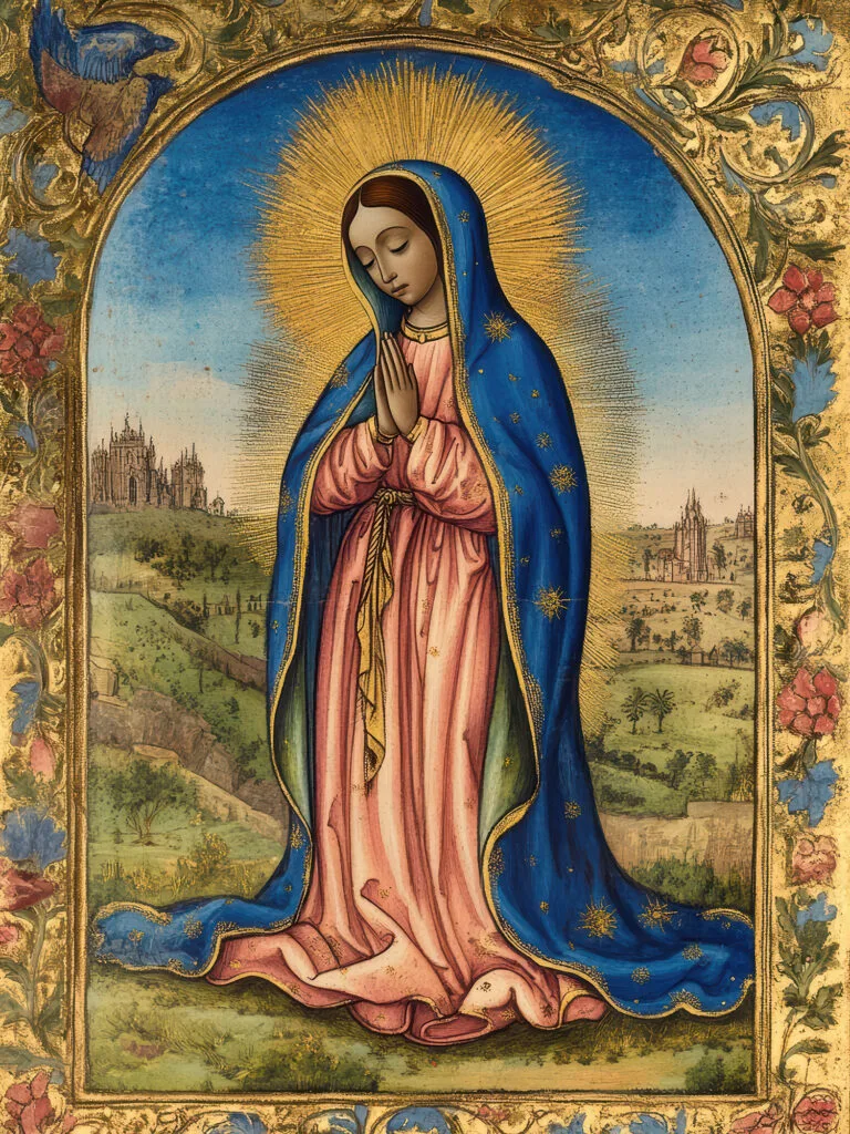 Medieval-style gilded Our Lady of Guadalupe with illuminated manuscript motifs
