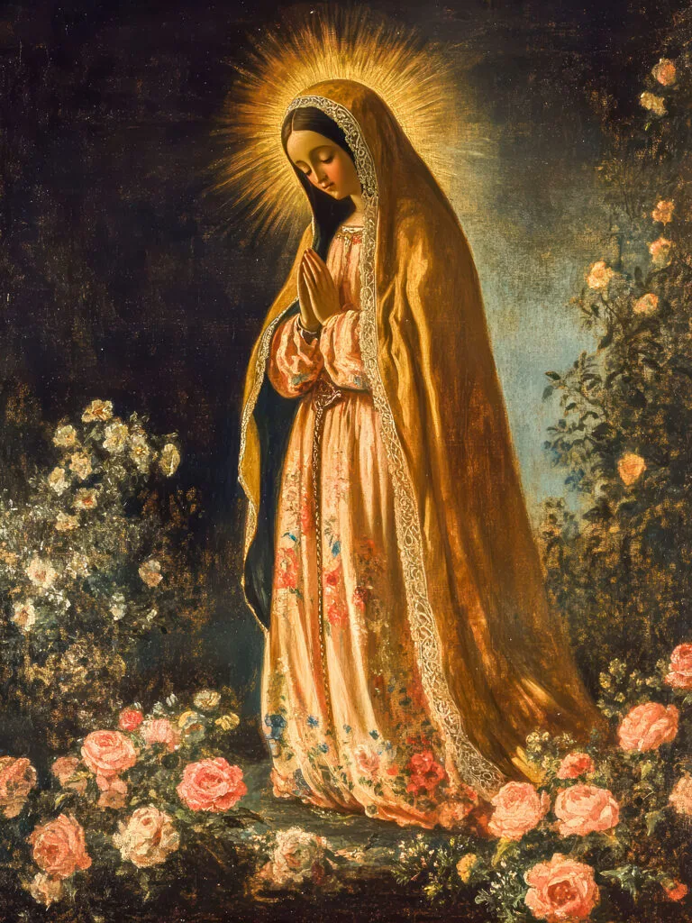 Mexican folk art style Our Lady of Guadalupe with roses and warm devotional colors.