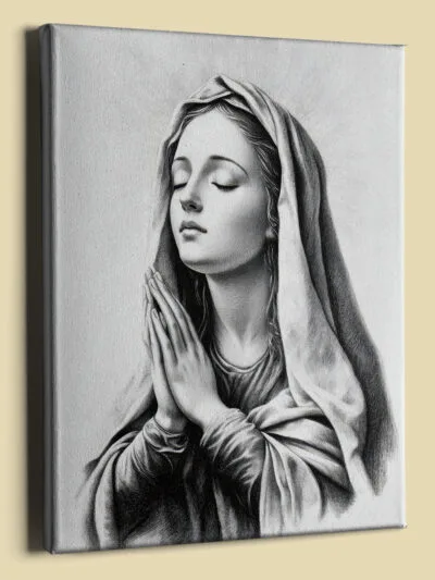 Charcoal Virgin Mary in prayer canvas: closed eyes, clasped hands, flowing veil, and subtle halo, rendered with soft shading and fine detail (perspective view)