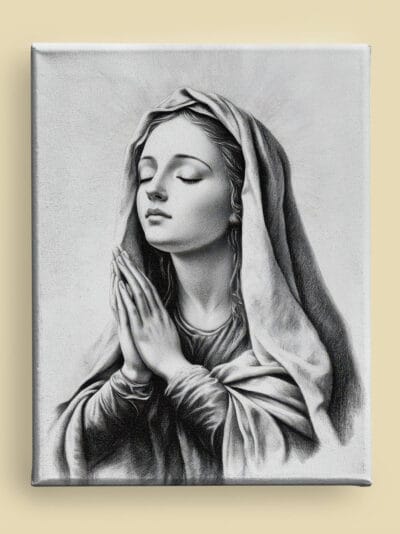 Charcoal Virgin Mary in prayer canvas: closed eyes, clasped hands, flowing veil, and subtle halo, rendered with soft shading and fine detail (front view)