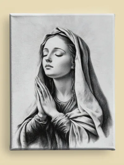 Charcoal Virgin Mary in prayer canvas: closed eyes, clasped hands, flowing veil, and subtle halo, rendered with soft shading and fine detail (front view)