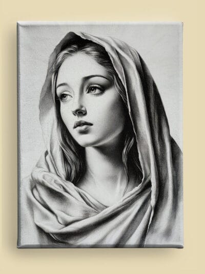 Charcoal Virgin Mary in contemplation canvas: sorrowful gaze, flowing veil, and subtle halo, rendered with soft shading and intricate detail (front view)