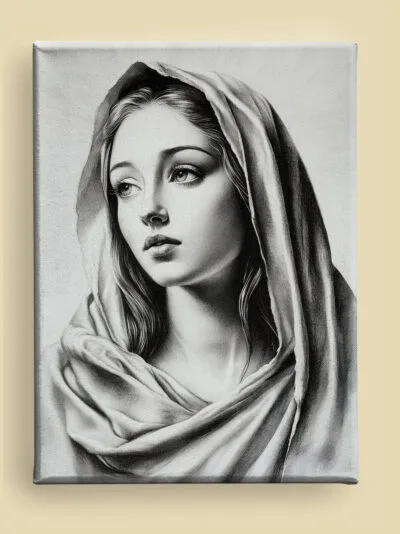 Charcoal Virgin Mary in contemplation canvas: sorrowful gaze, flowing veil, and subtle halo, rendered with soft shading and intricate detail (front view)
