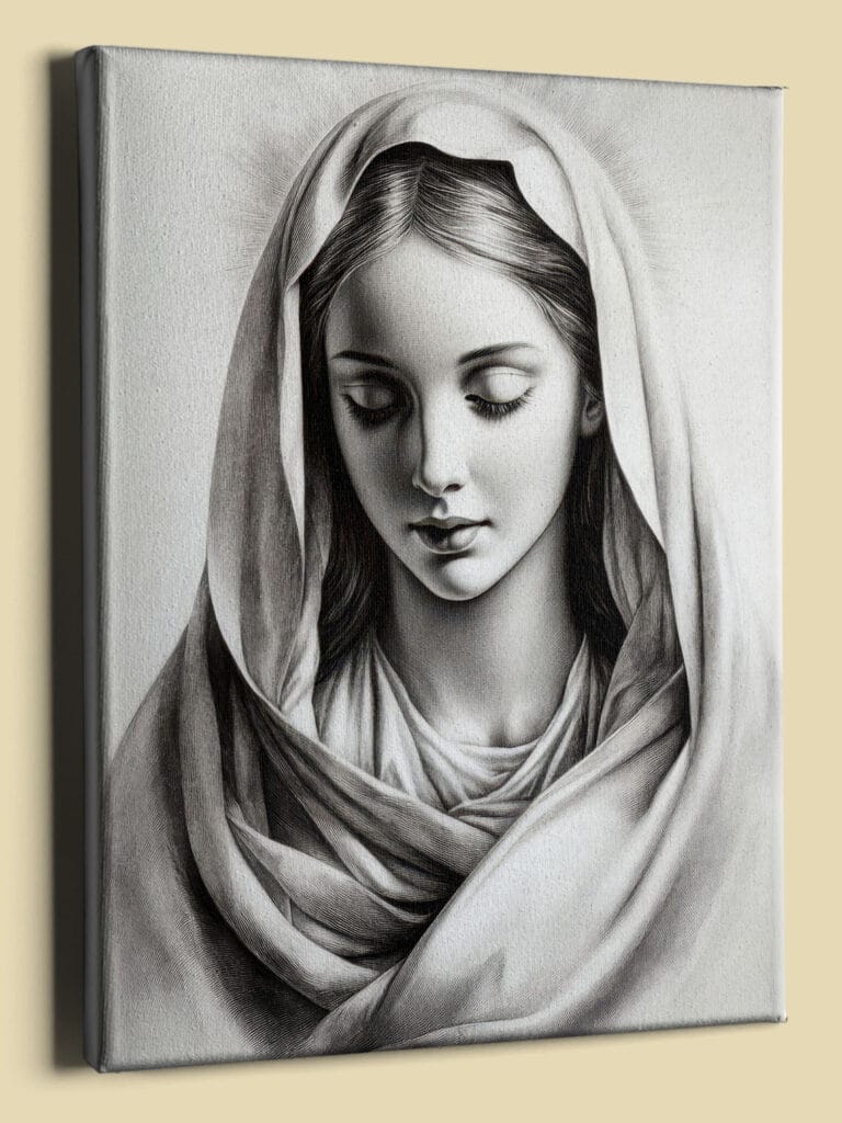 Charcoal Virgin Mary in contemplation canvas: closed eyes, flowing veil, and subtle halo, rendered with soft shading and intricate detail (perspective view)