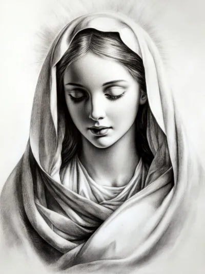 Charcoal Virgin Mary in contemplation: closed eyes, flowing veil, and subtle halo, rendered with soft shading and intricate detail.