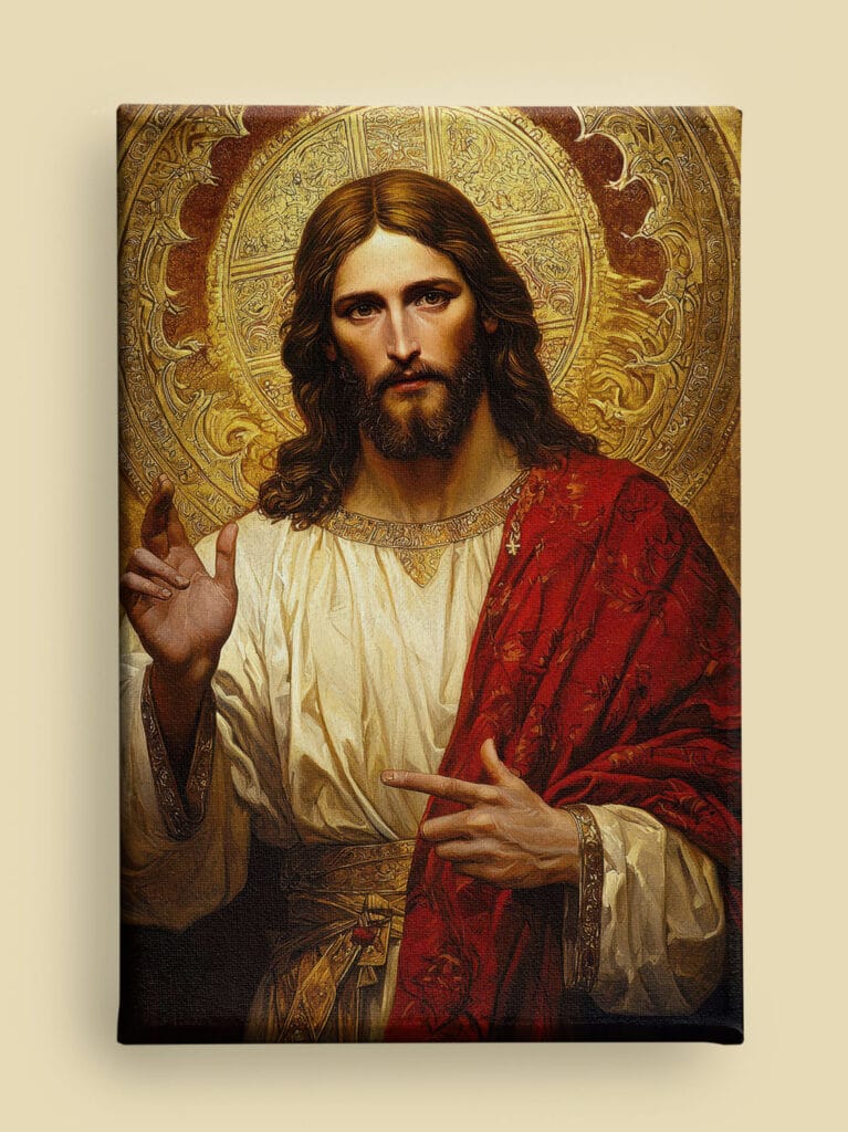 Byzantine Jesus Christ canvas: white tunic, red mantle, golden halo, blessing gesture, and ornate gold leaf details (front view)