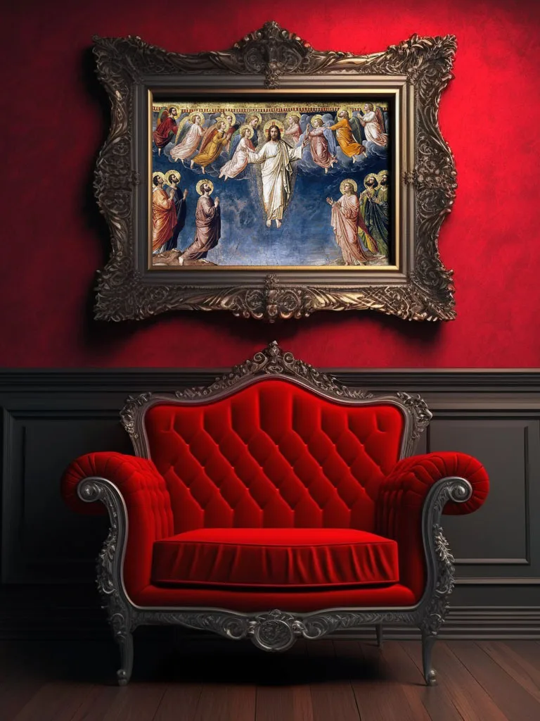Byzantine Transfiguration icon: Christ radiant in gold mandorla, flanked by angels, with kneeling disciples below against a flat gold and blue background.