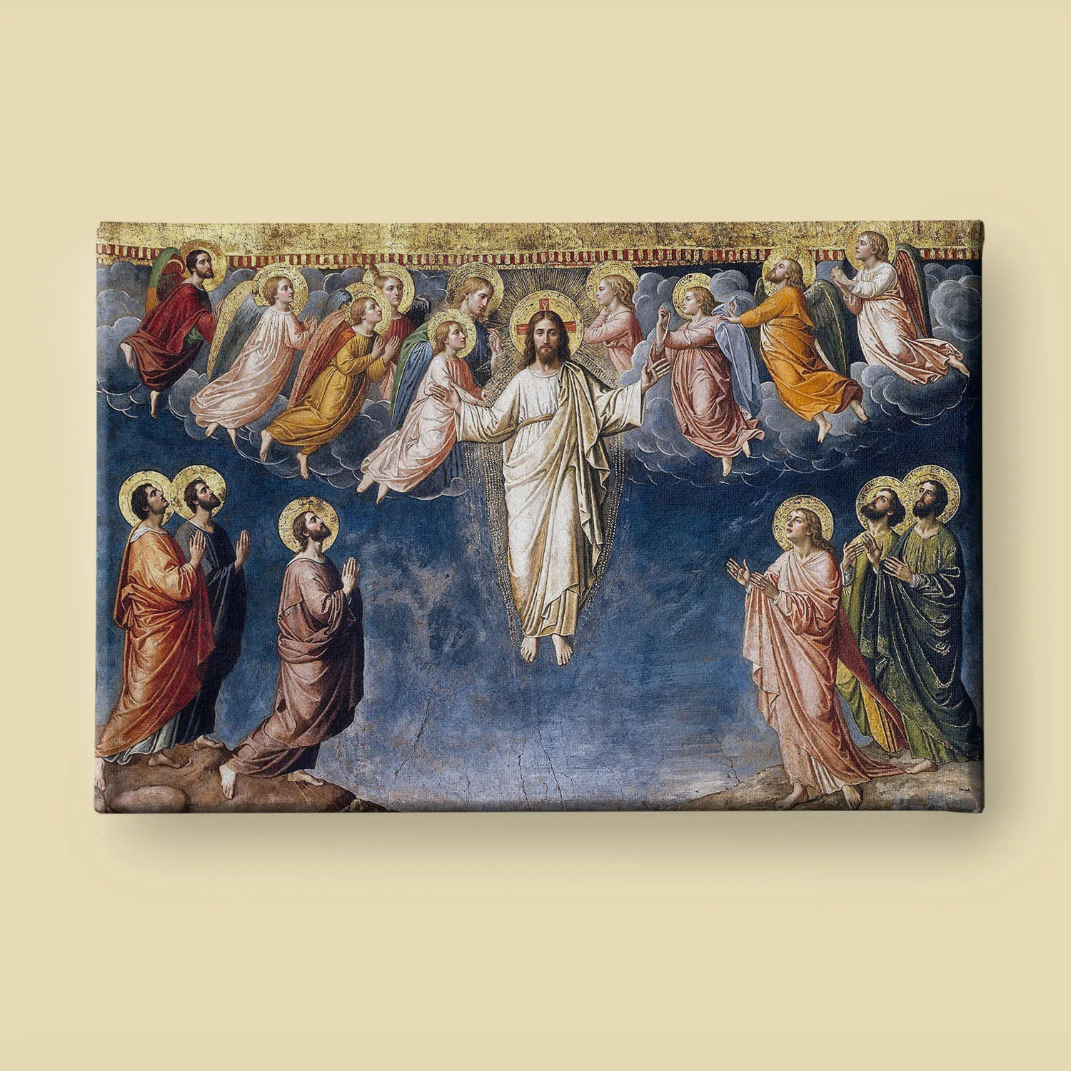 Byzantine Transfiguration icon: Christ radiant in gold mandorla, flanked by angels, with kneeling disciples below against a flat gold and blue background.