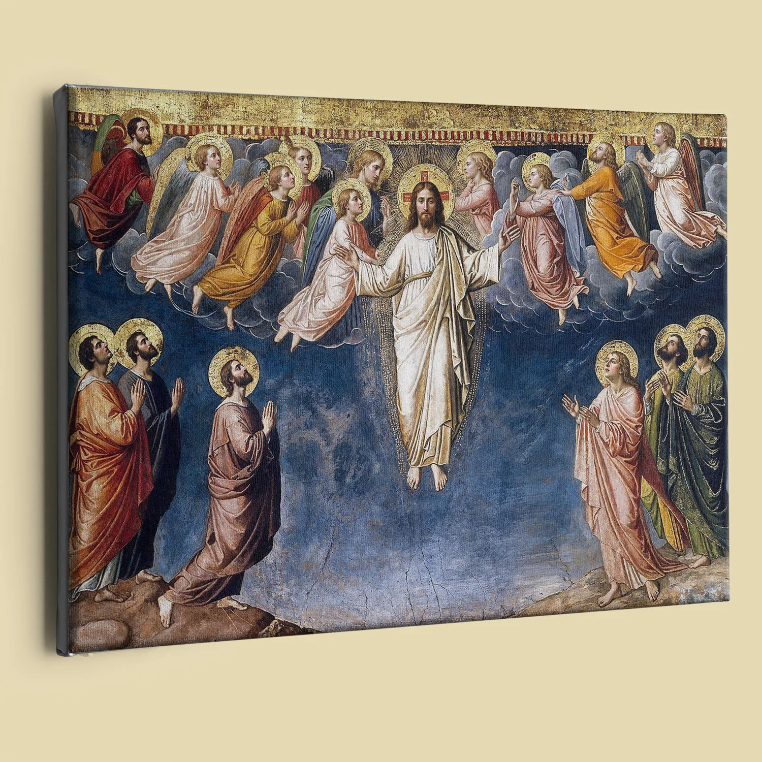 Byzantine Transfiguration icon: Christ radiant in gold mandorla, flanked by angels, with kneeling disciples below against a flat gold and blue background.