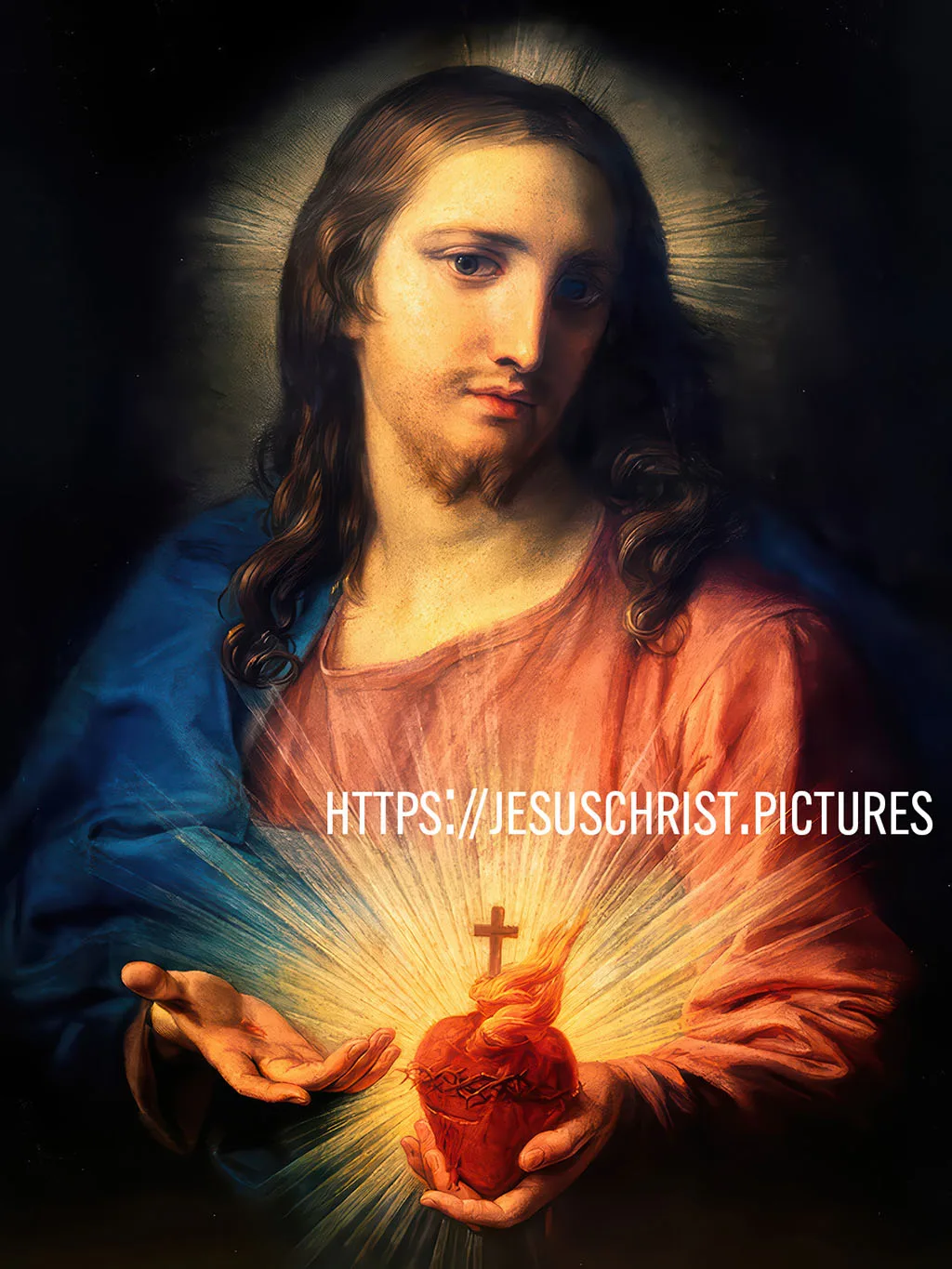 Sacred Heart of Jesus by Pompeo Batoni, 1767, Baroque painting of Christ offering his flaming heart.