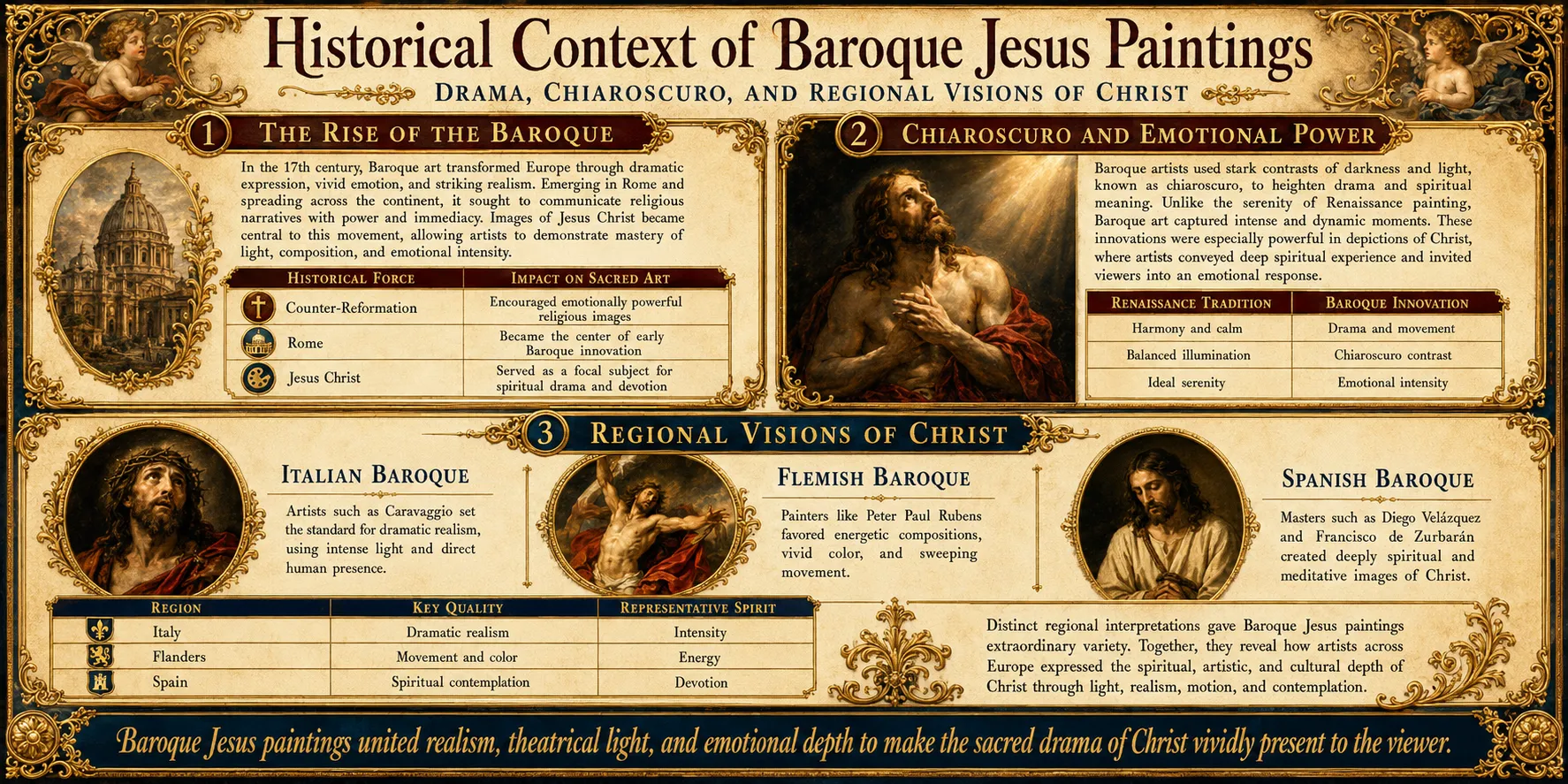 Infographic on the historical context of Baroque Jesus paintings in 17th-century Europe