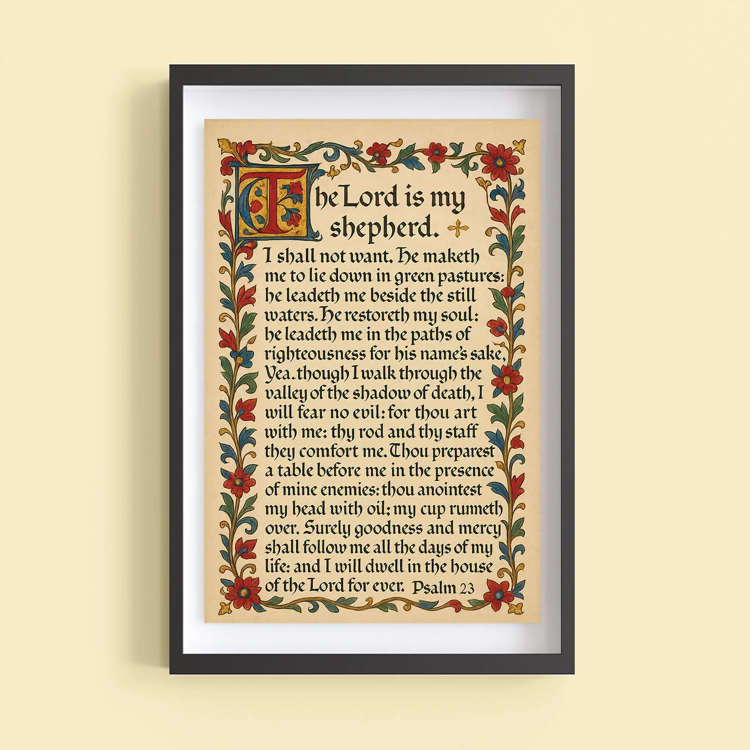 Psalm 23 wall art, The Lord Is My Shepherd, medieval scripture poster