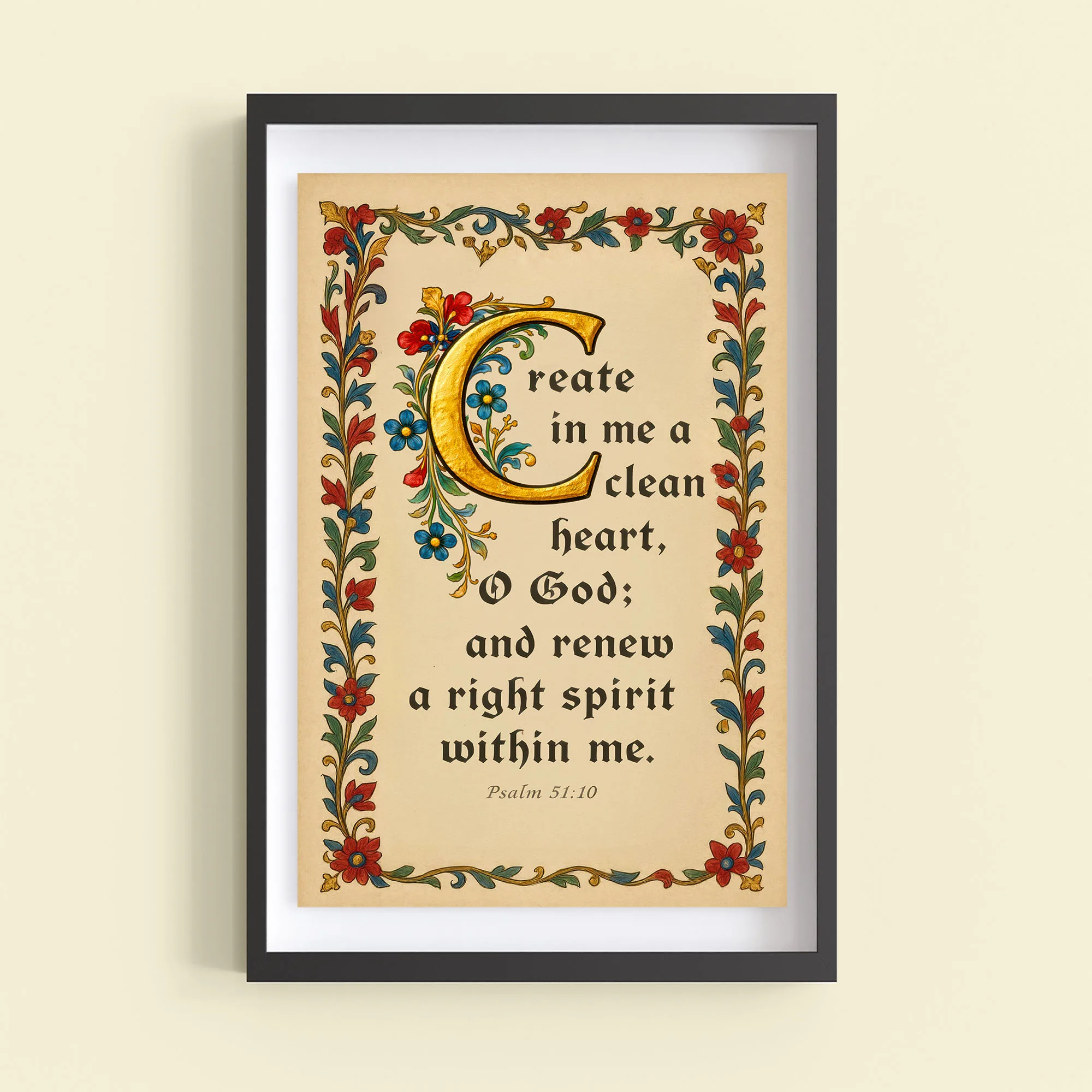 Psalm 51:10 medieval illuminated wall art, Create in me a clean heart