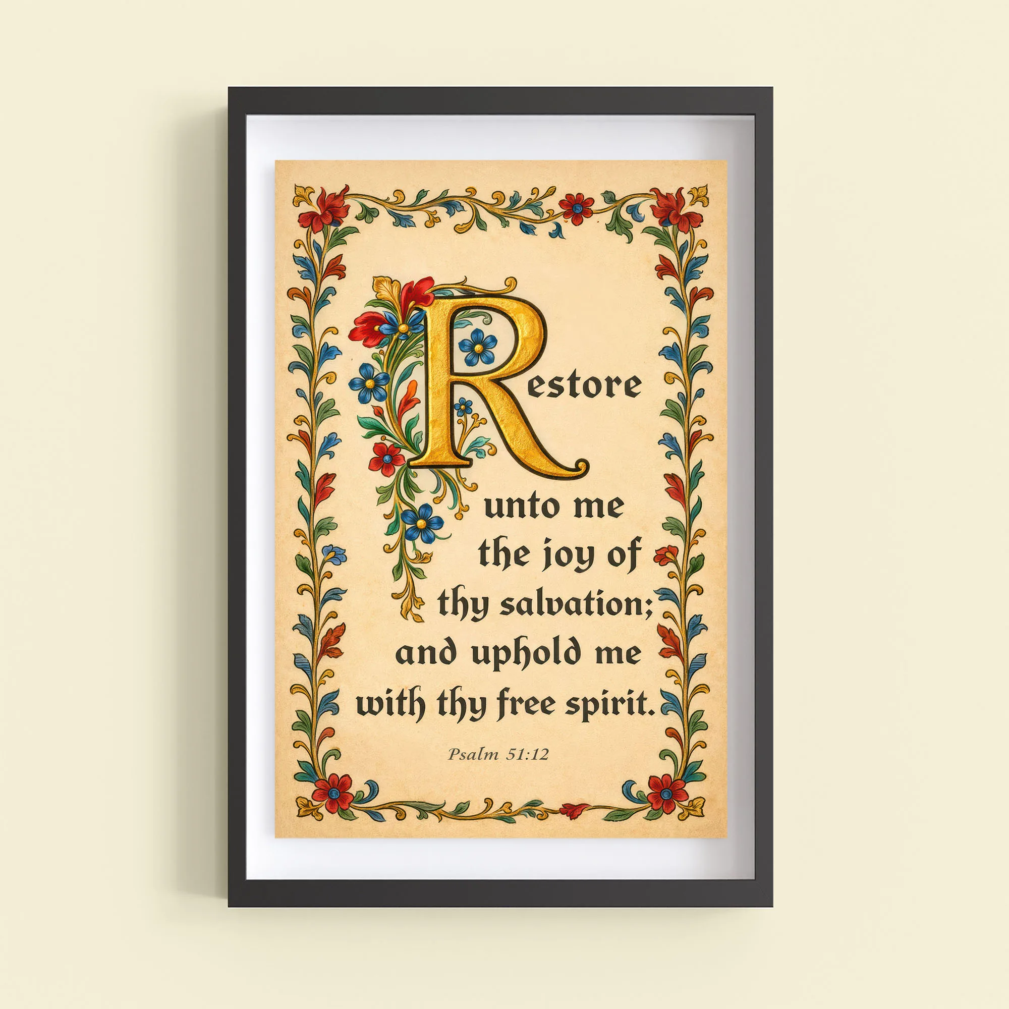 Psalm 51:12 medieval illuminated wall art, Restore unto me the joy of thy salvation