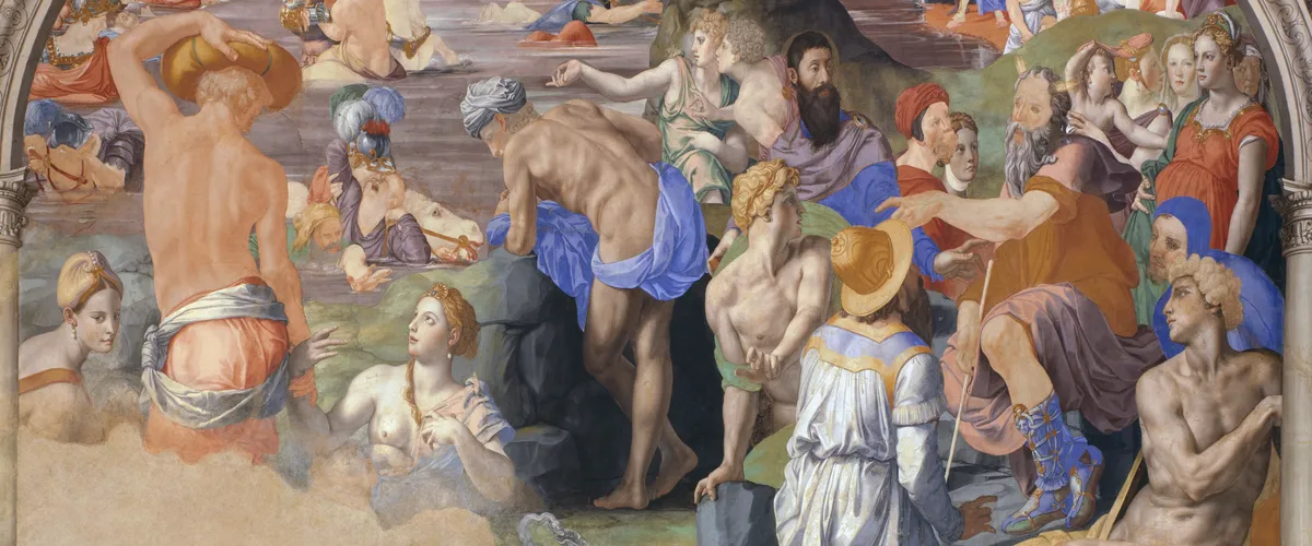Bronzino, The Crossing of the Red Sea, crowds of Israelites gathered on the far shore after the Exodus