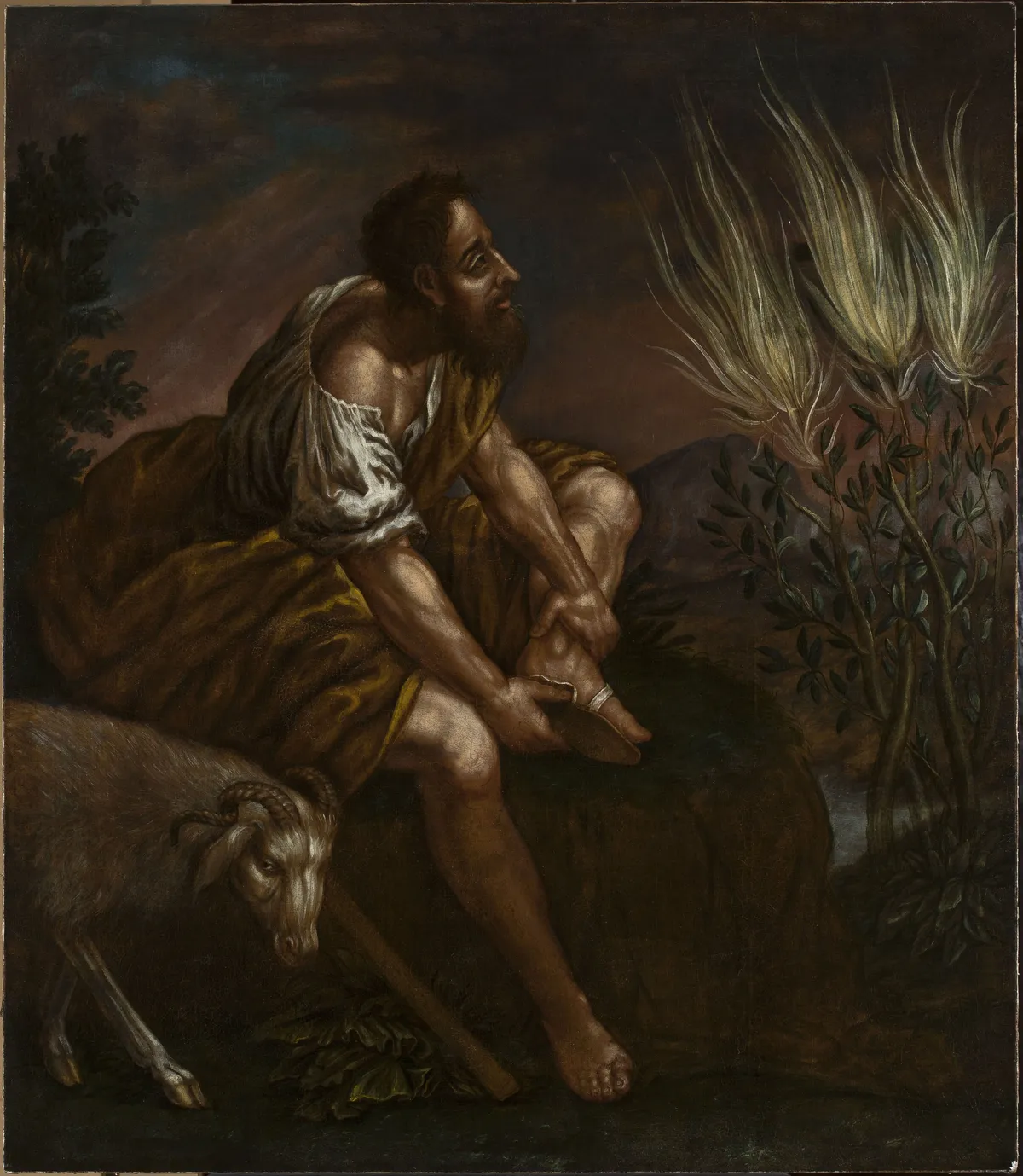 Domenico Fetti, Moses before the Burning Bush, Moses kneeling and shielding his eyes before the flaming bush