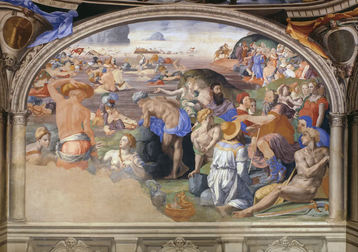 Bronzino, The Crossing of the Red Sea, Moses and the Israelites safe on the shore as Pharaoh's army drowns
