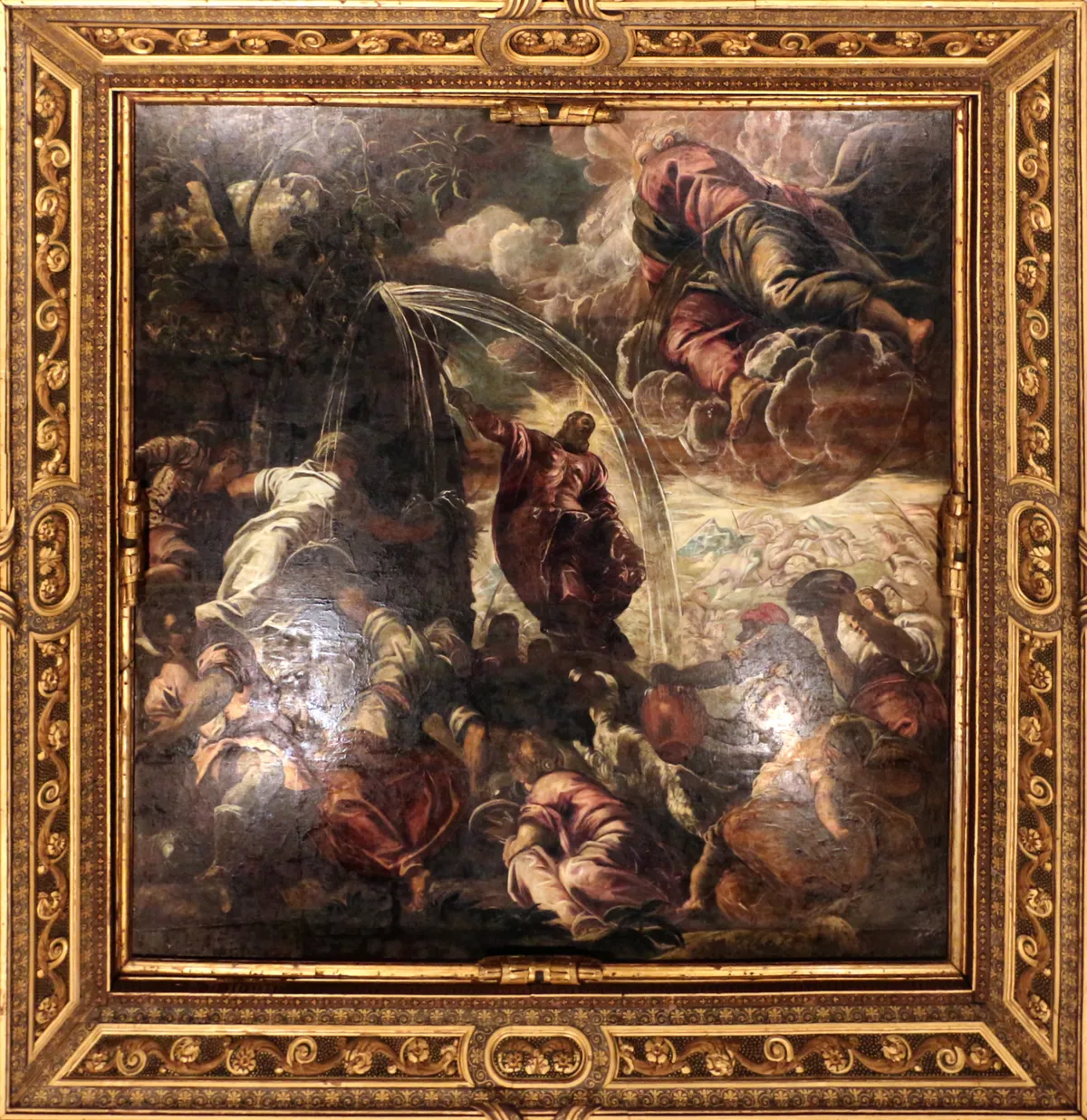 Tintoretto, Moses Drawing Water from the Rock, water bursting from the rock as the thirsty crowd presses in